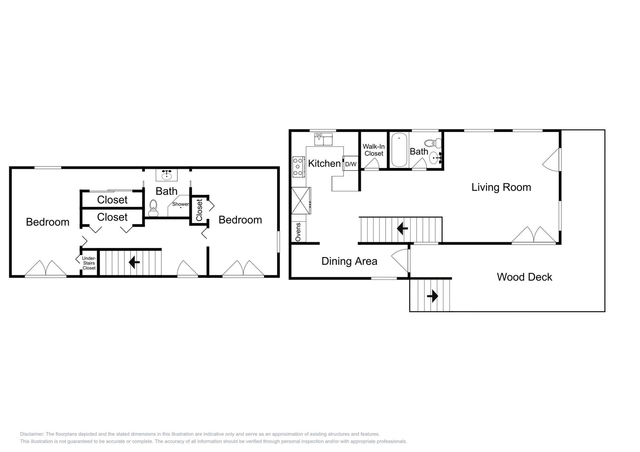 Two-Story Floor Plan: Floor plan highlighting the home's functional layout. The first floor features two bedrooms connected by a Jack-and-Jill bathroom, while the second floor offers a kitchen, dining area, spacious living room, full bathroom, and outdoor wood deck. A versatile layout designed for comfortable coastal living and accommodating vacation guests.