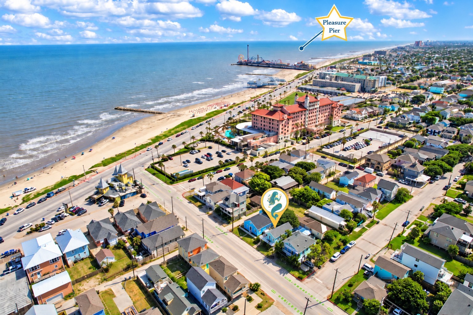 Prime Galveston Location  Thriving Vacation Rental! Located approximately 1 blocks from the beach and Seawall Boulevard, this thriving vacation rental offers an exceptional opportunity to enjoy the Galveston Island lifestyle! The aerial view highlights the property's desirable location near the Gulf of Mexico, sandy beaches, and the iconic Historic Pleasure Pier. Conveniently situated near popular restaurants, shopping, and entertainment.