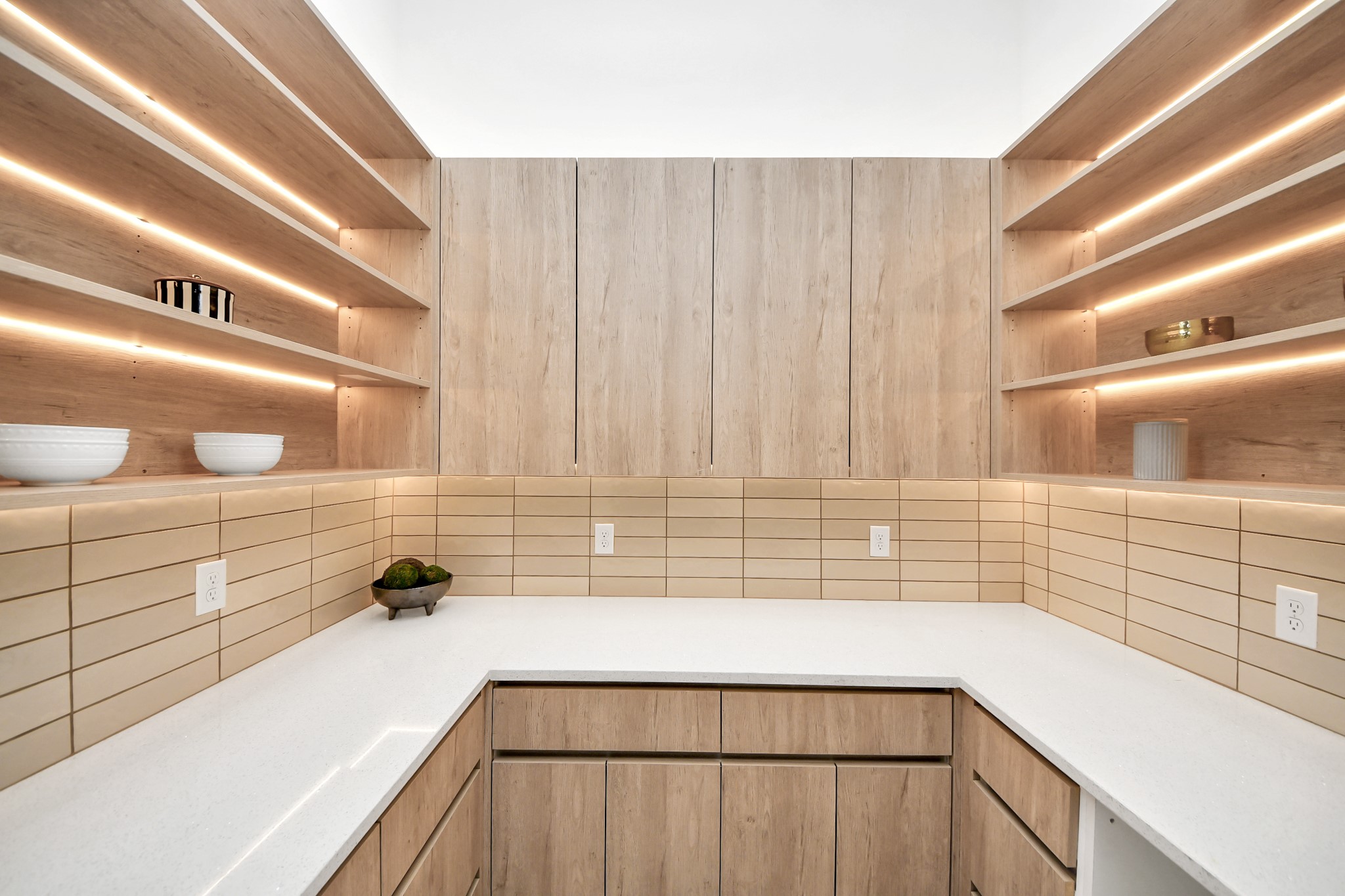 Spacious walk-in pantry with abundant built-in shelving, cabinetry, and counter space.
