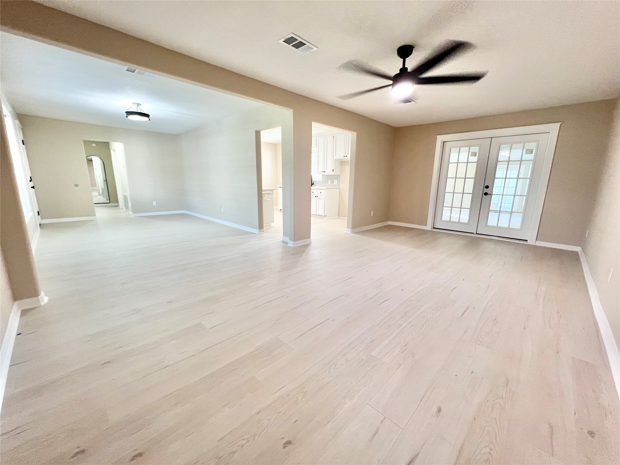 Better vantage point to see the dining room to the left and the family room to the right, Kitchen accessed through the openings in the middle. French doors lead to a massive Flex Room that can be a great game room or office or whatever you decide it should be.