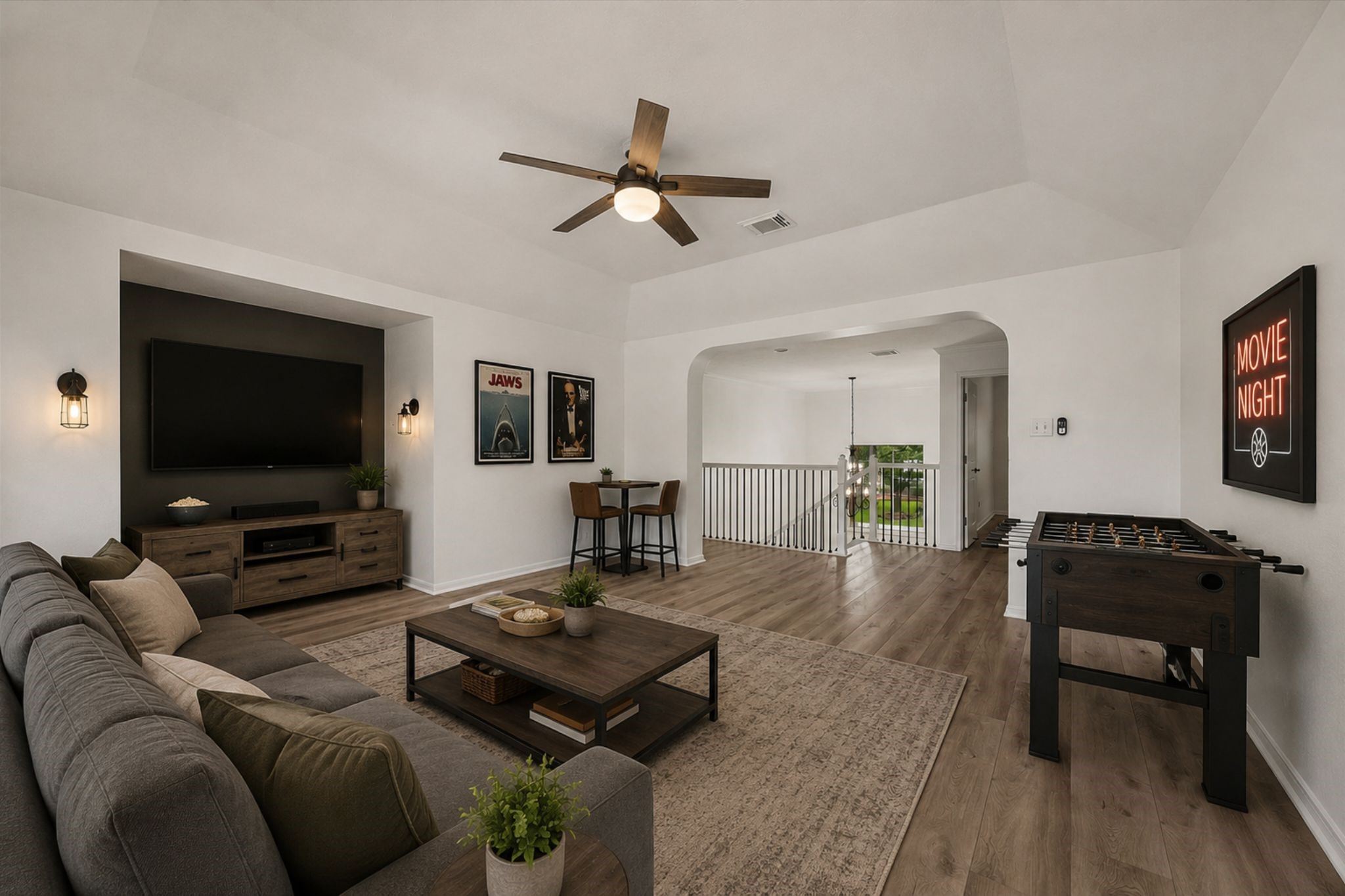 The oversized game room offers flexible space for a media room, playroom, or second living area. **Virtually Stage.