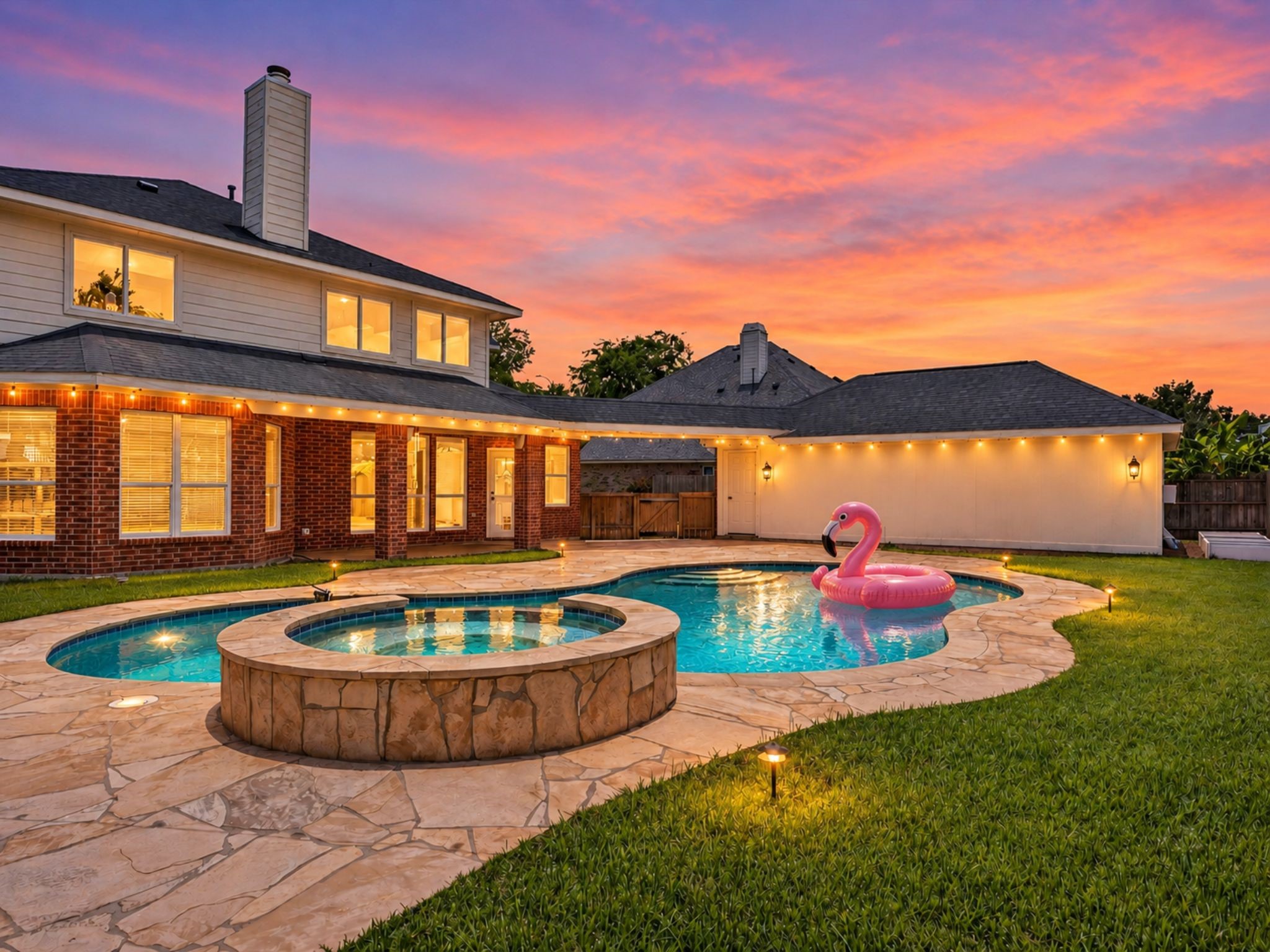 Spacious backyard with a pool, spa, lush lawn, and detached garage. Spacious backyard with a pool, spa, lush lawn, and detached garage.