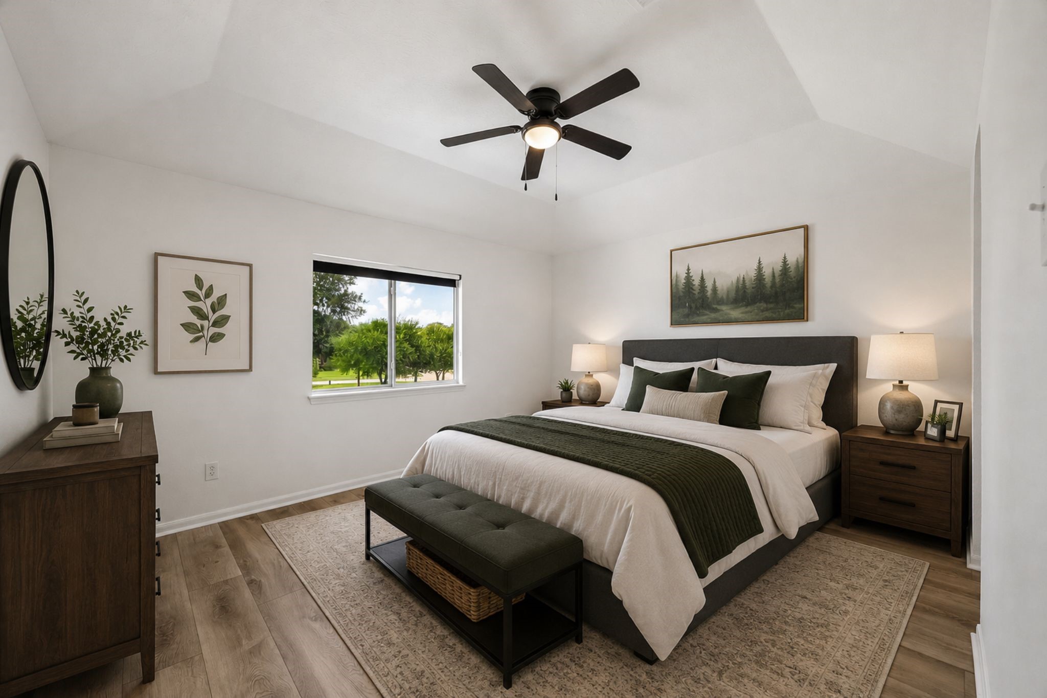 Bedroom 4 features a vaulted ceiling and large window overlooking mature trees. **Virtually Stage.