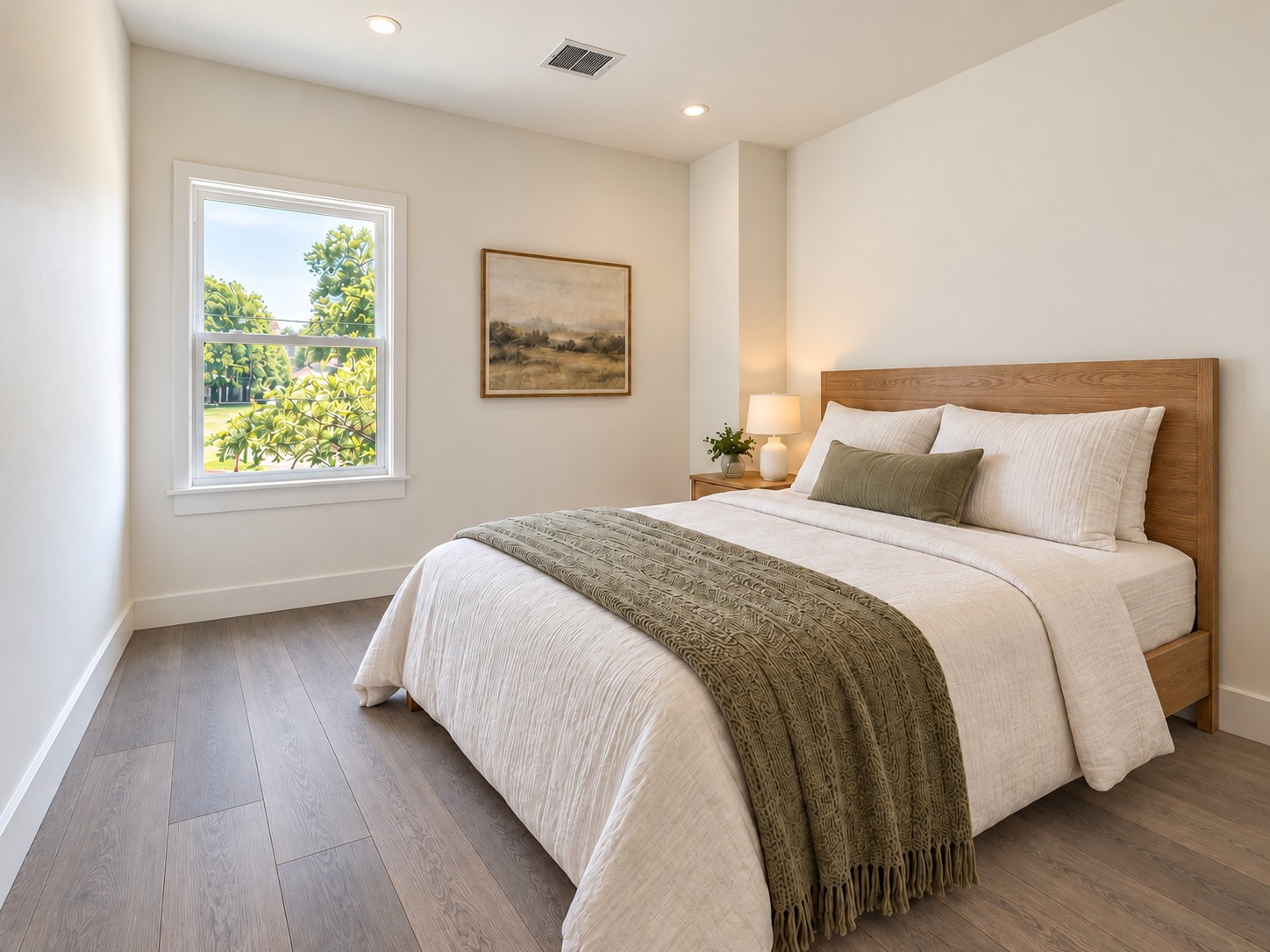 Relax in this beautifully appointed bedroom featuring a warm, neutral palette and an inviting contemporary design. Natural light enters through a large window, illuminating the elegant wood-look flooring and crisp white walls. A stylish wooden bed frame, layered white bedding, and a textured olive-green throw create a comfortable retreat. These photos have been virtually rendered for visual reference.