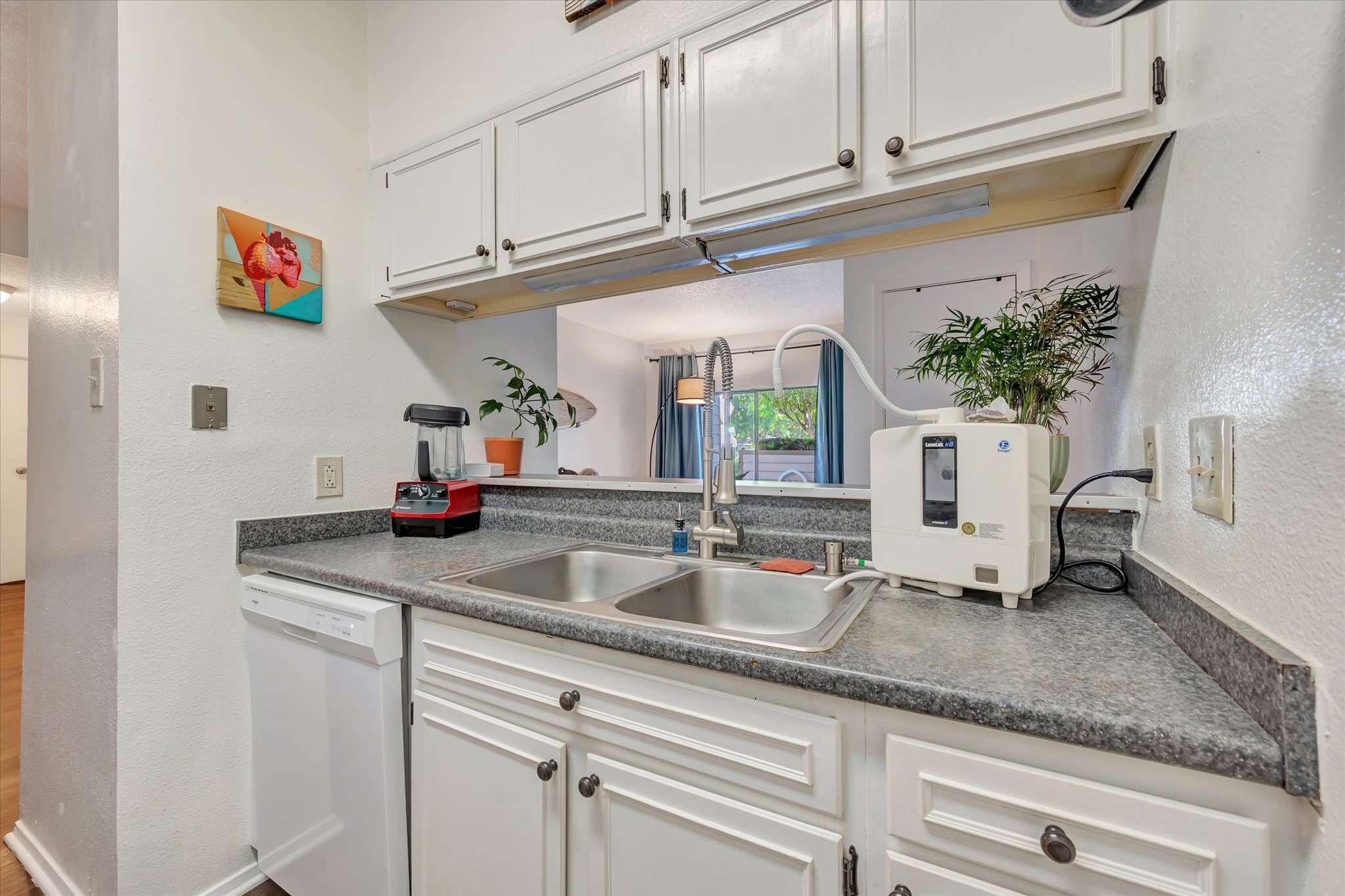 Kitchen sink area with a dishwasher, window and countertop space on either side.