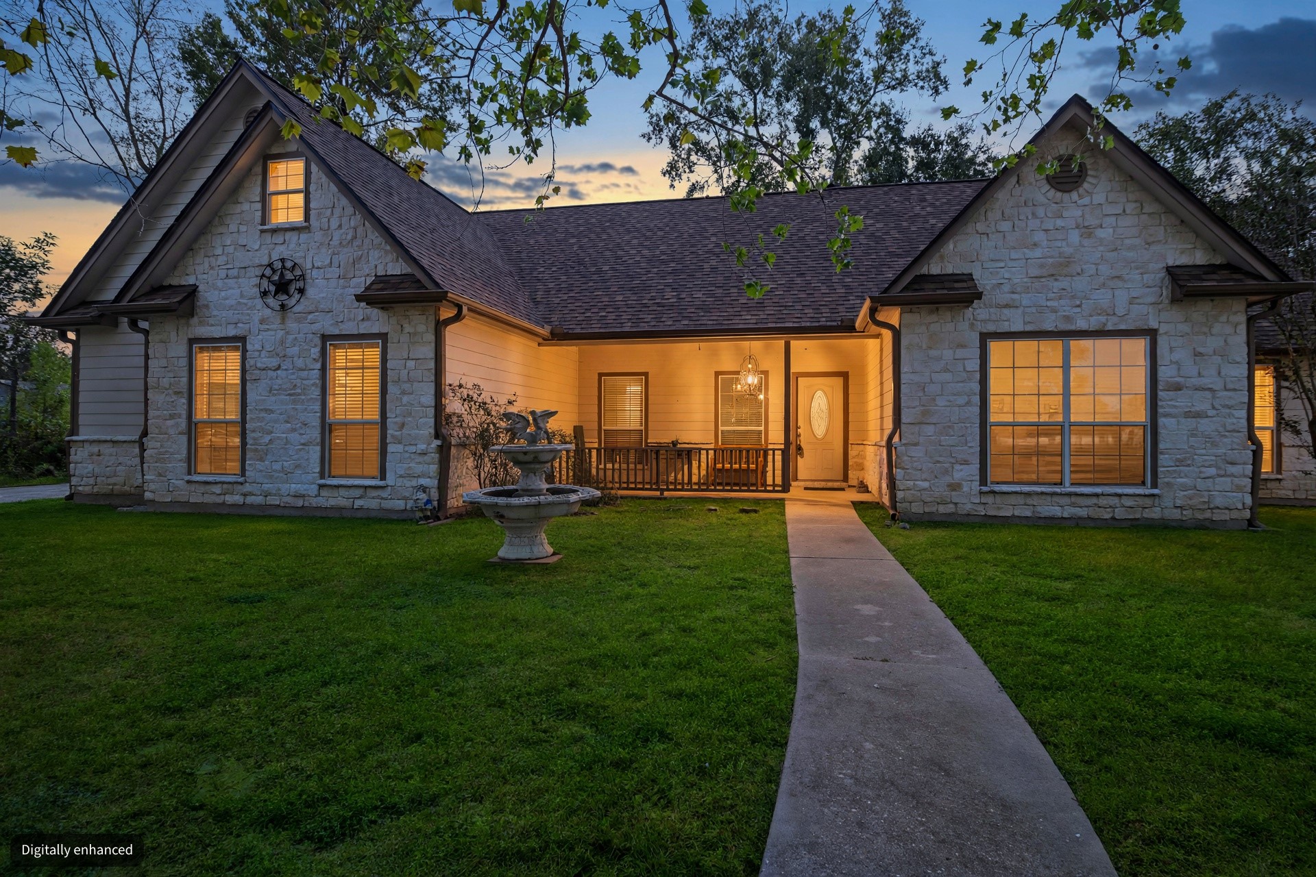 Close up twilight view of the home.