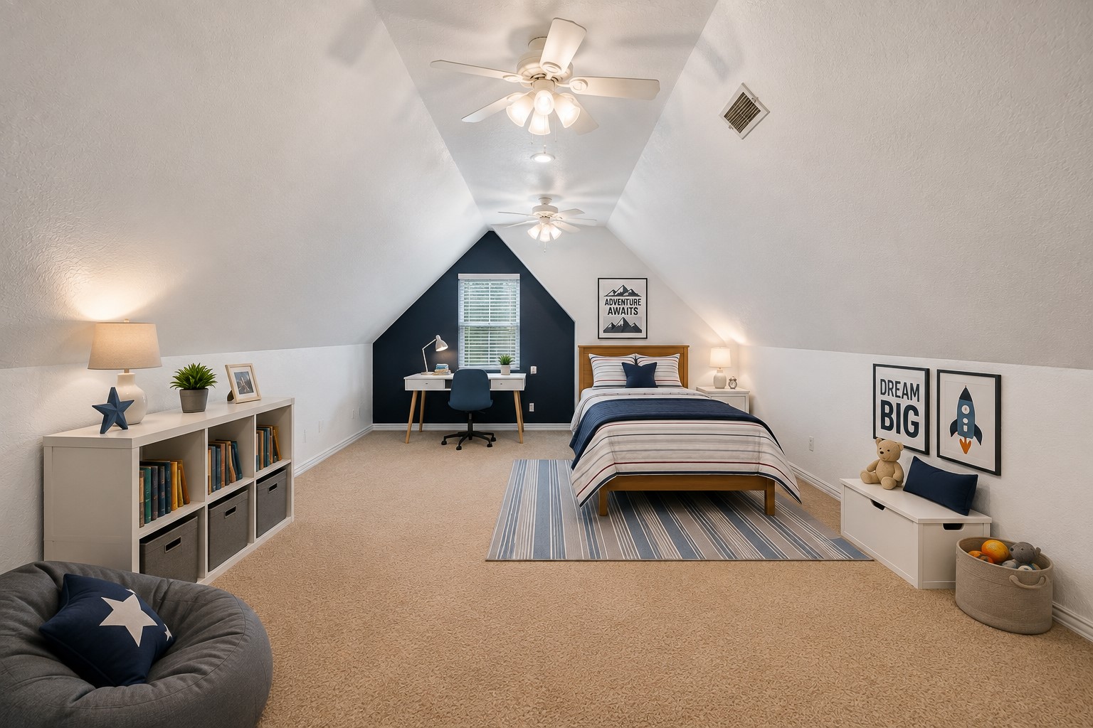 Another view of the room with "A" frame style ceiling, double ceiling fans, carpet and picture window.**Virtually Staged**