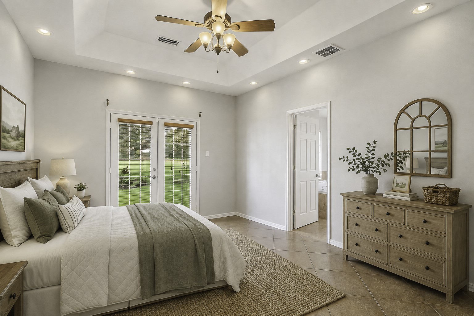 Another view of the primary bedroom with your own access to the backyard through the double doors. **Virtually Staged**