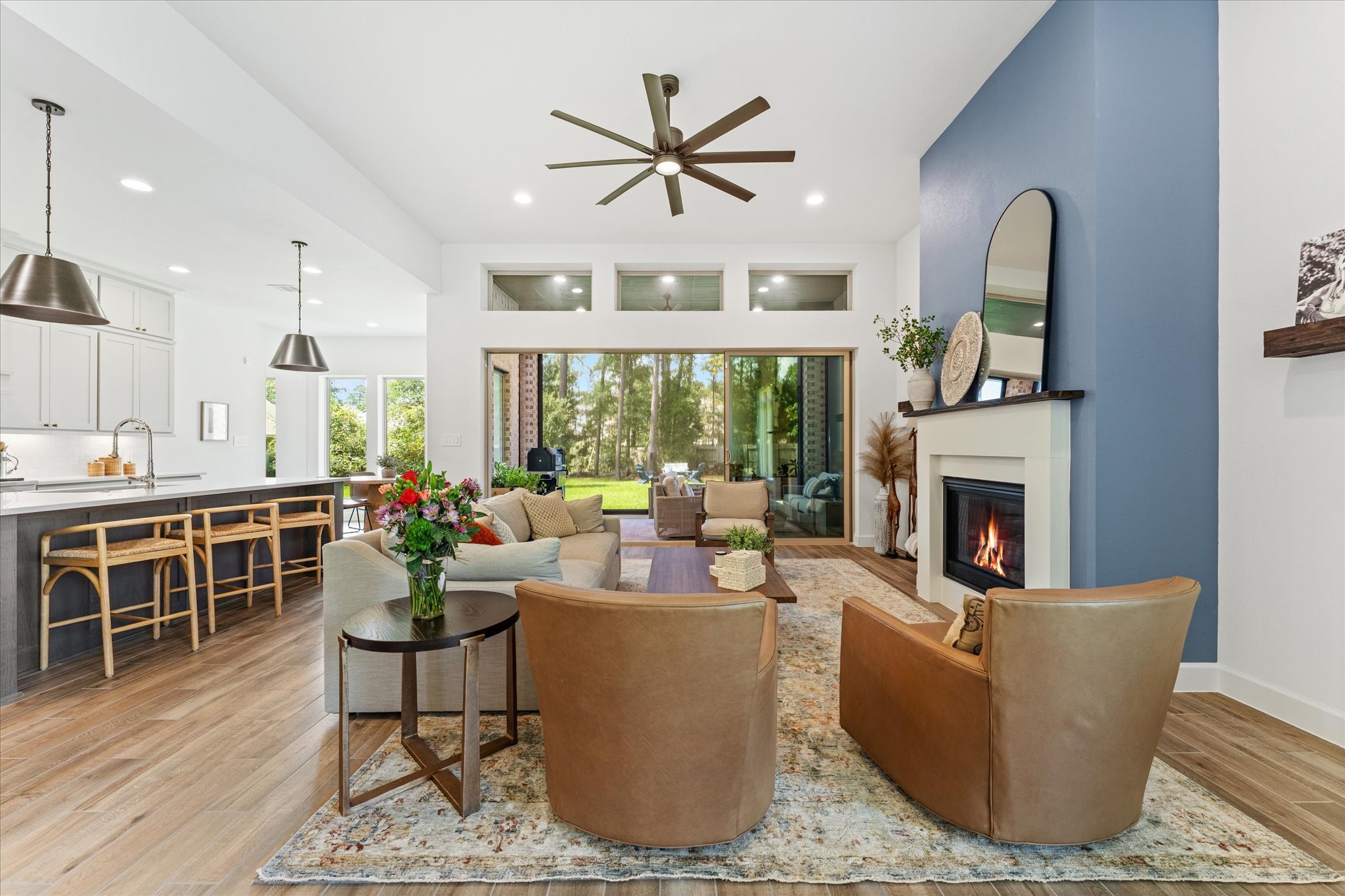 Cozy up in front of fireplace on chilly evenings