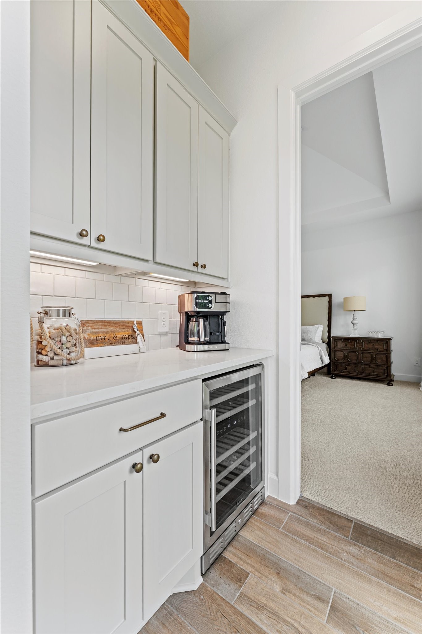Custom coffee/wine bar with under cabinet lighting