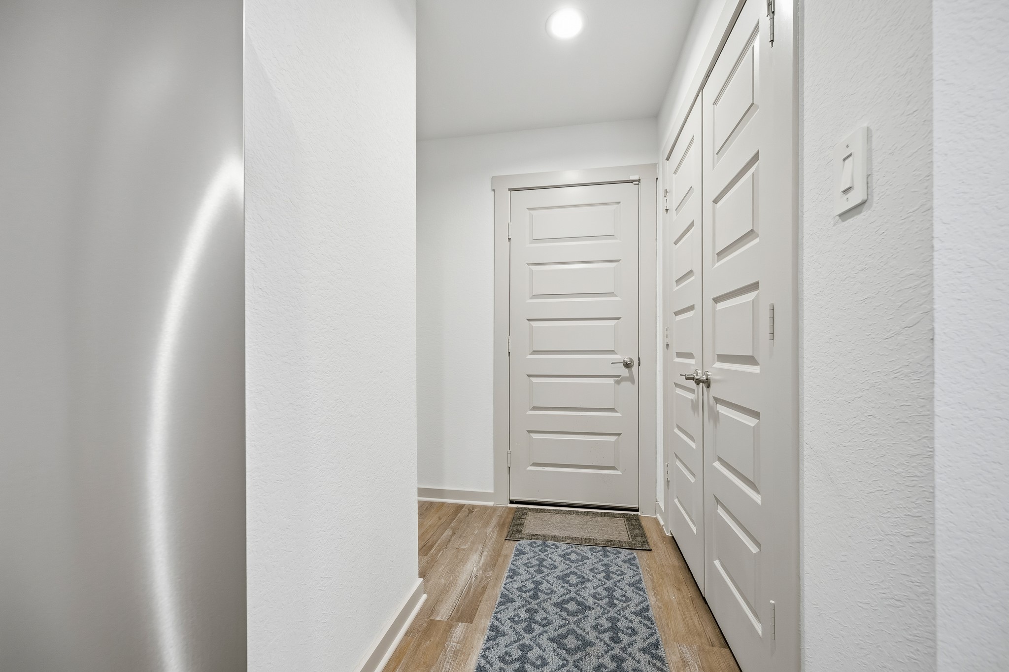 This photo showcases a modern hallway with light-colored walls and doors, wood flooring, and a patterned runner rug, creating a bright and welcoming entryway.