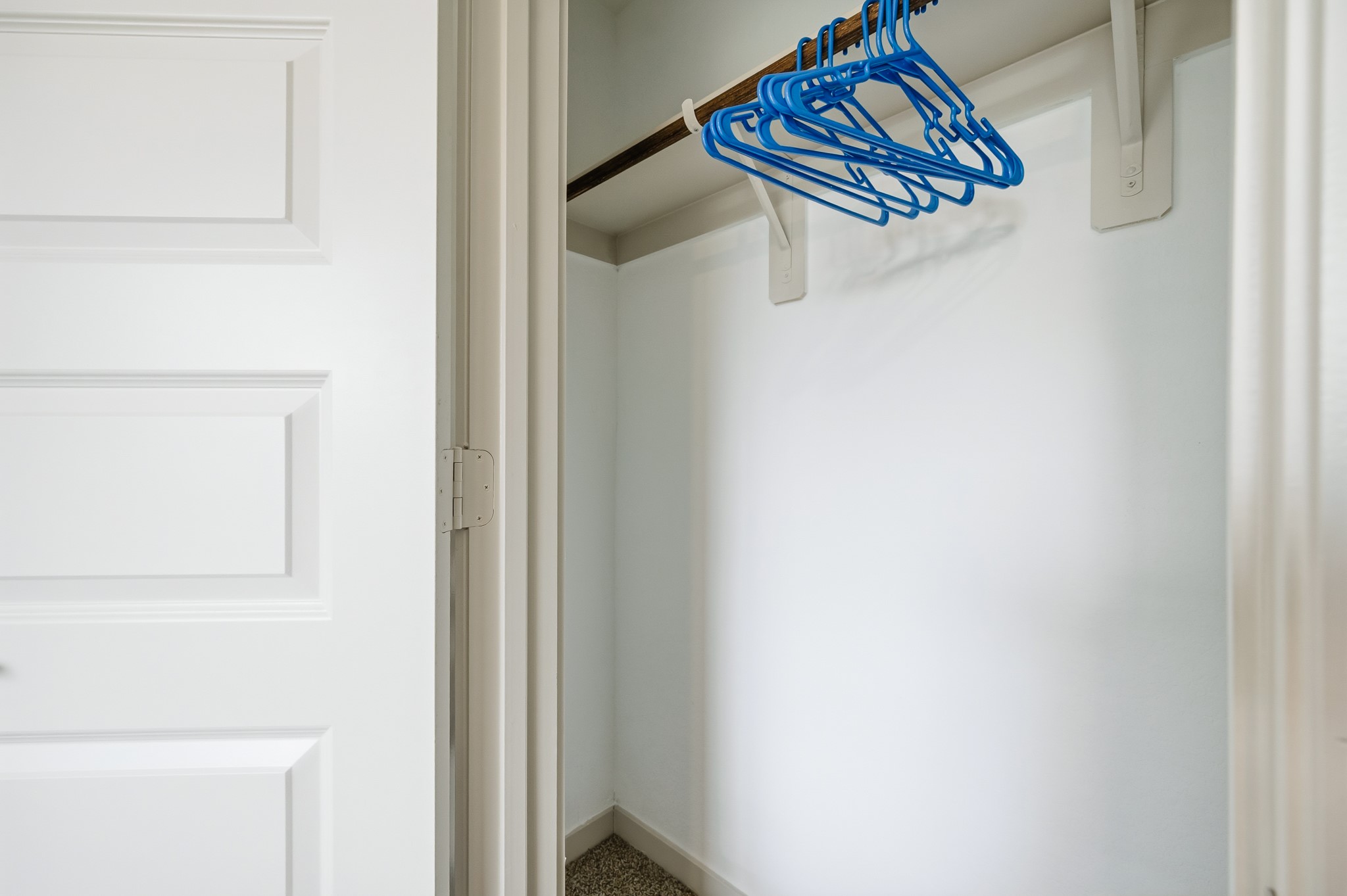 This photo shows a small, clean closet with a white door, a wooden rod, and several blue hangers. The walls are painted white, and there's carpet on the floor.