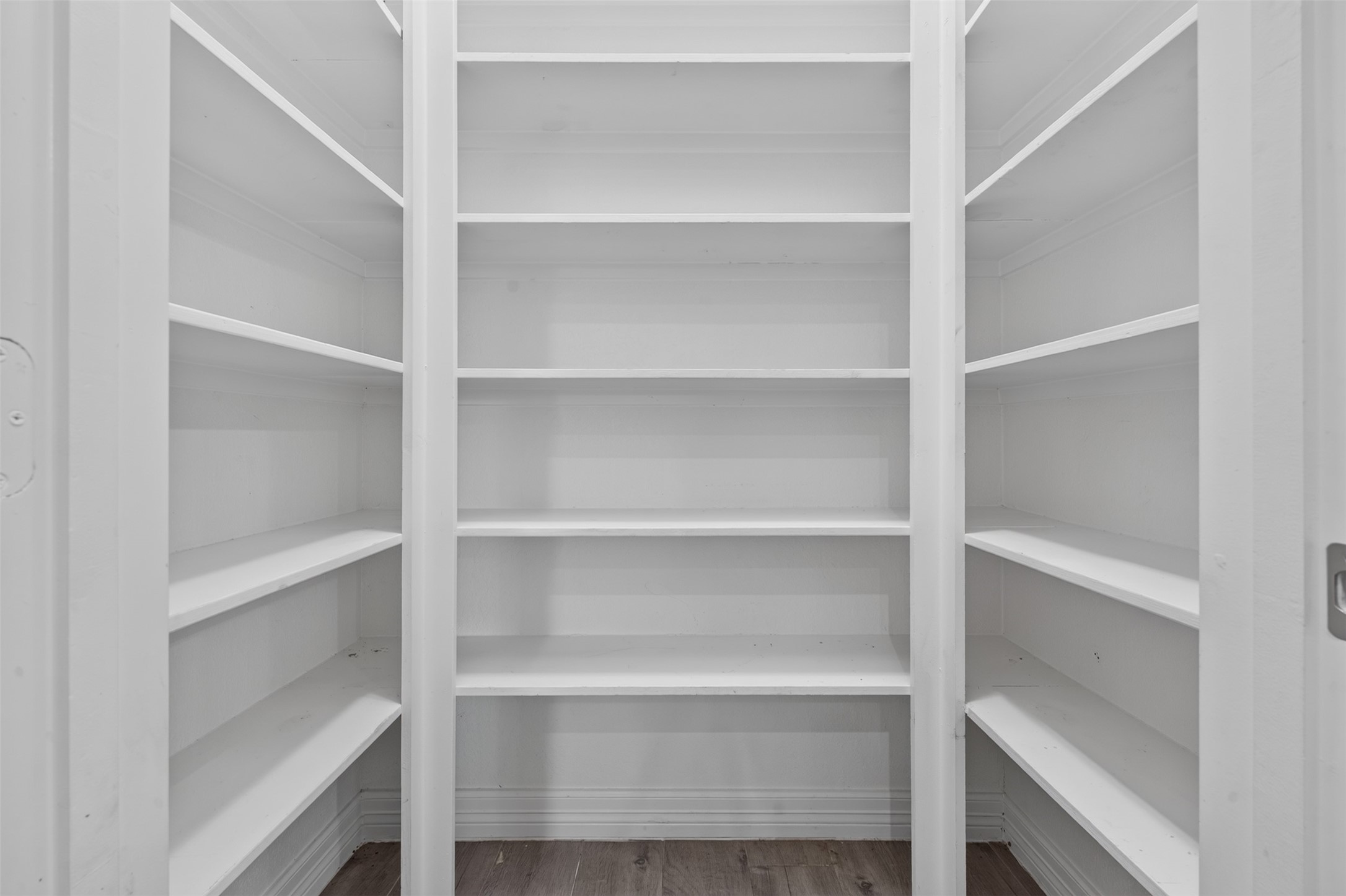 Spacious pantry with ample shelving for organized storage.