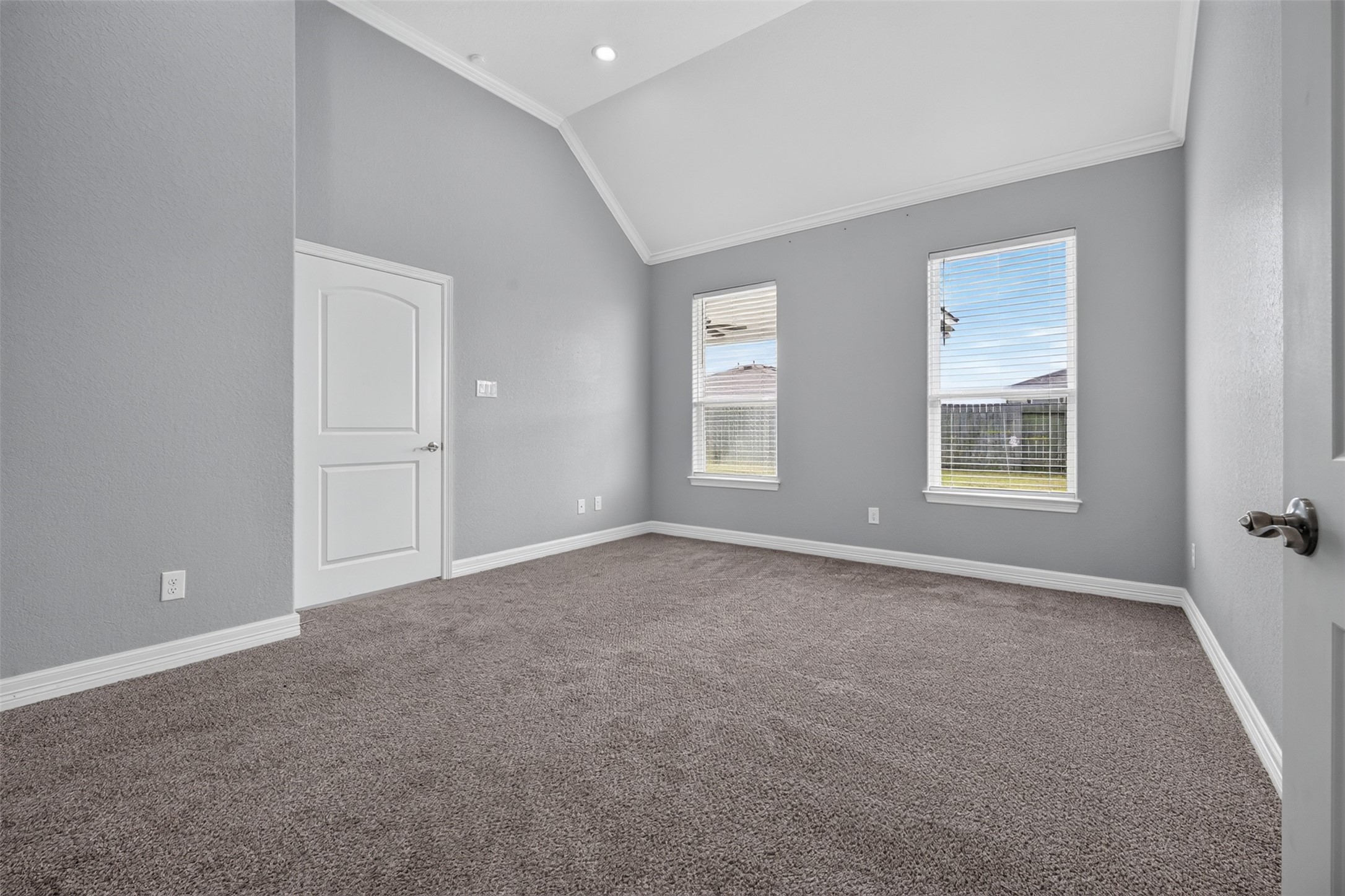 Spacious, light-filled room with plush carpeting, high ceilings, and large windows offering backyard views.