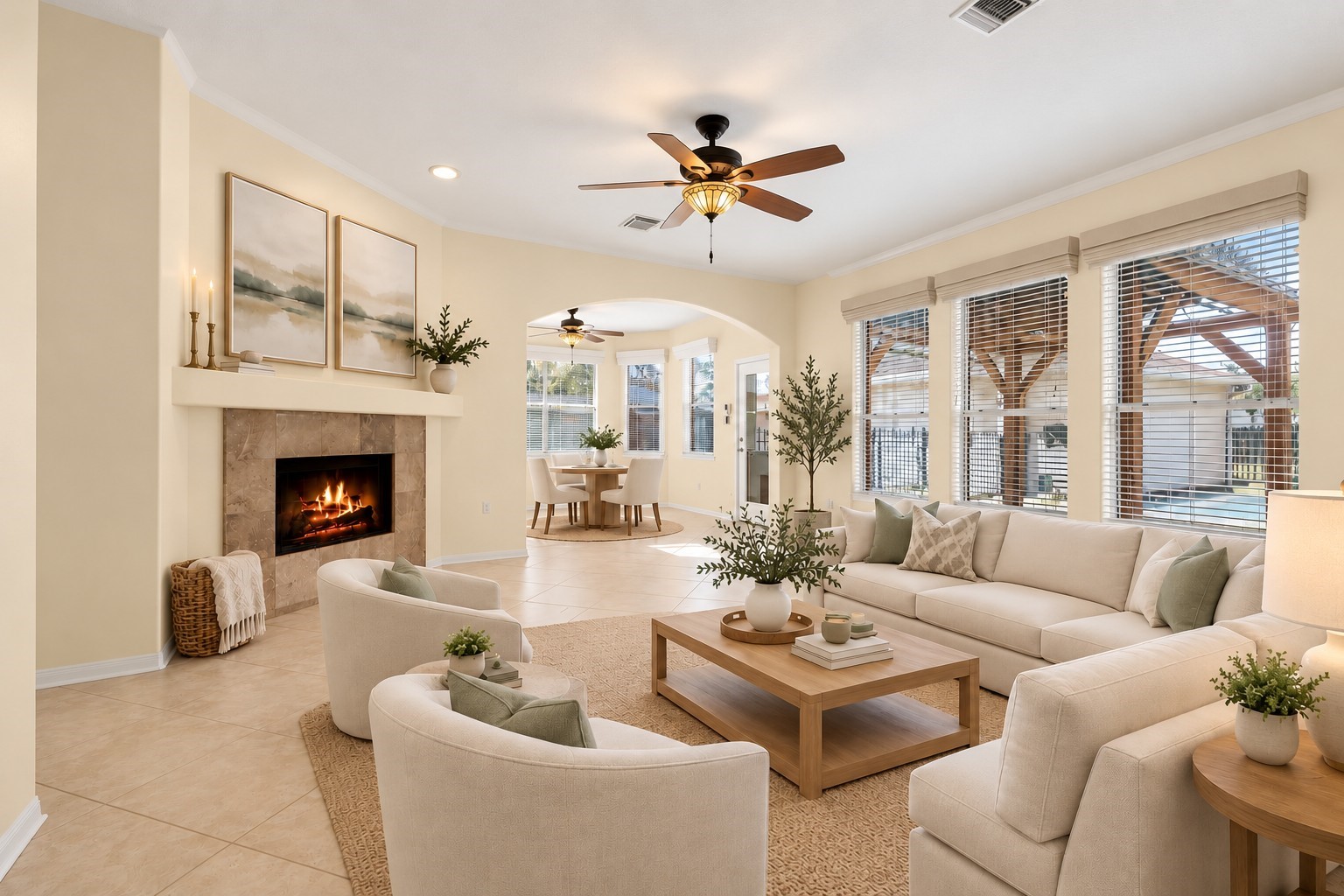 ROOM TO RELAX, ENTERTAIN & ENJOY THE VIEW! This spacious 20x17 family room overlooks your backyard oasis with sparkling pool & pergola! Walls of windows invite natural light, while roll-down shades & faux-wood blinds offer privacy and sun control. Enjoy a cozy fireplace (w/gas connctions), lighted ceiling fan, custom crown & base moldings, and plenty of wall space for your BIG SCREEN TV! Open to the kitchen & breakfast room, with a convenient half bath nearby.