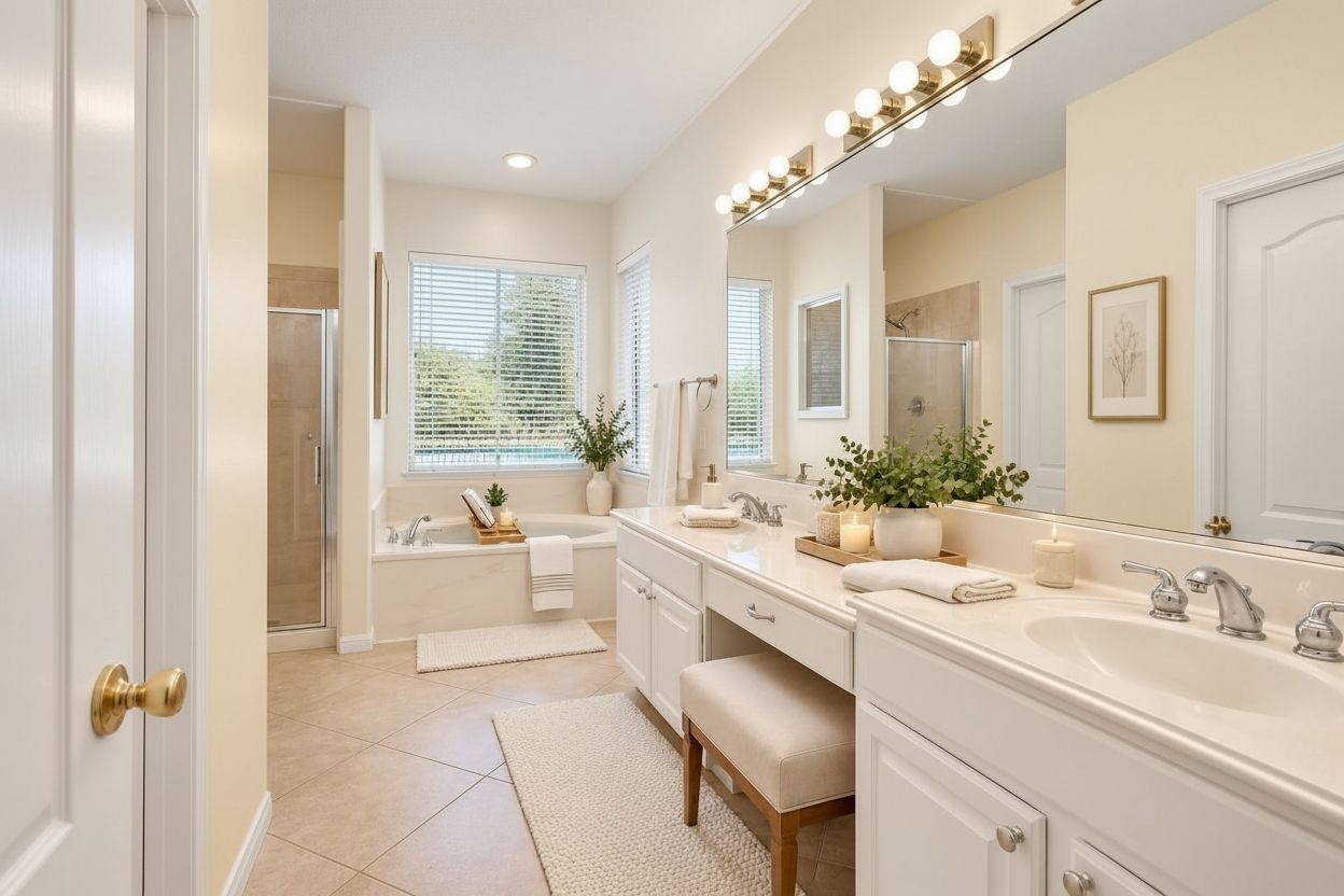 YOUR OWN PRIVATE SPA RETREAT! This light-filled PRIMARY BATH offers a spacious double vanity with cultured marble countertops, His and her sinks, a dedicated seated makeup area & an abundance of cabinets and drawers! Relax in the JETTED SOAKING TUB overlooking the backyard pool, with privacy glass allowing natural light to filter in. Enjoy a separate glass-enclosed shower, convenient PRIVATE WATER CLOSET with its own door & easy-care tile flooring. PLENTY OF SPACE FOR TWO!