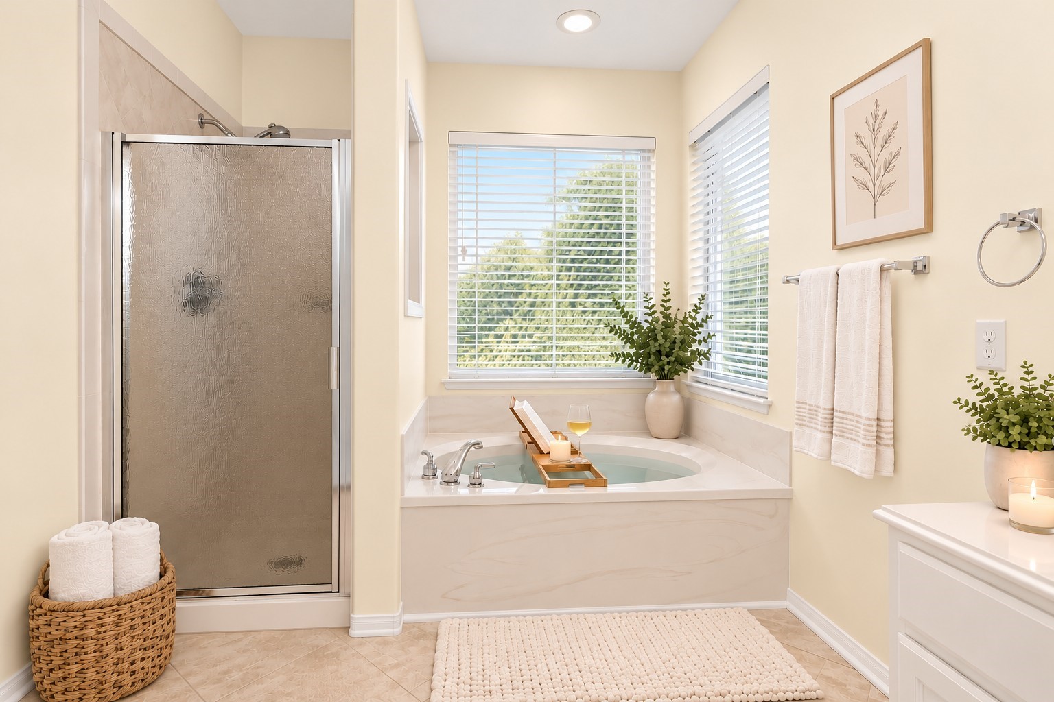 SOAK AWAY THE DAY! Imagine unwinding in your JETTED GARDEN TUB while enjoying the natural light from two windows overlooking your backyard oasis! Privacy window coverings, a separate shower with textured glass enclosure, easy-care tile flooring & a beautiful tub surround complete this relaxing retreat. YOUR OWN LITTLE ESCAPE WITHOUT EVER LEAVING HOME!