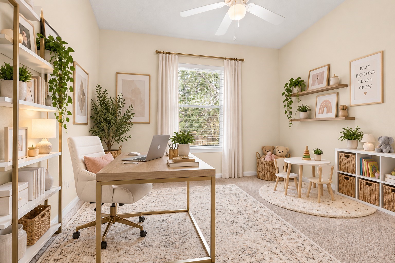 This versatile 11' x 11' bedroom overlooks the sparkling pool and backyard oasis, offering endless possibilities! Perfect as a dedicated home office, craft room, cozy den, or whatever best suits your lifestyle. Features include a spacious walk-in closet with built-in shelving and multi-level hanging space, a lighted ceiling fan, neutral paint, attractive baseboard molding, and a window with faux-wood blinds. Conveniently located next to a full bathroom. VIRTUALLY STAGED FR INSPIRATION (no drapes).