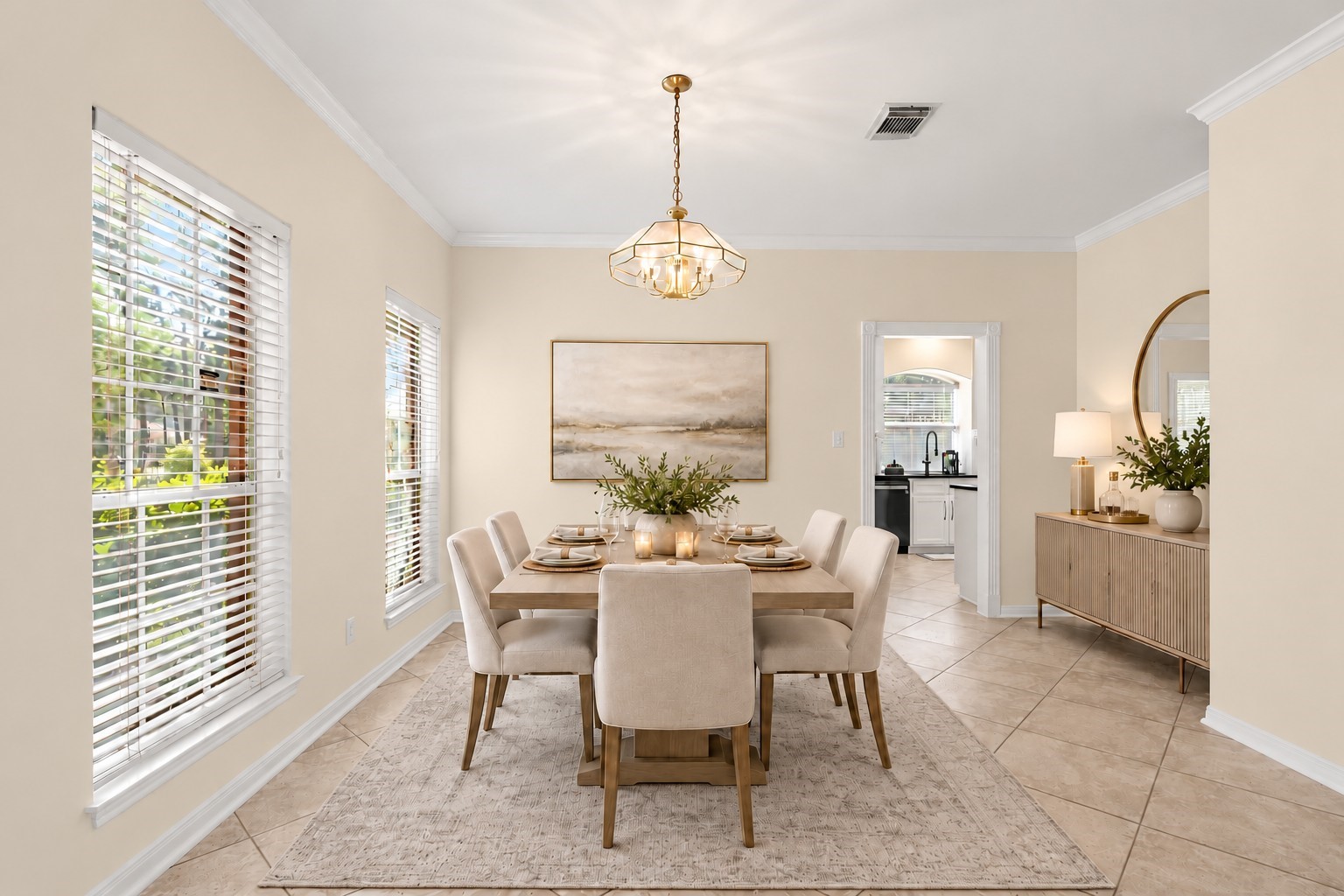 DINNER PARTIES, HOLIDAY GATHERINGS & MEMORIES IN THE MAKING! This spacious 15' x 12' formal dining room features an elegant arched entry, crown molding, decorative trim, abundant natural light from two front-facing windows, and easy-care 18" x 18" tile flooring. A recessed furniture alcove offers the perfect spot for a buffet or built-ins, while direct access to the beautifully renovated custom kitchen makes entertaining a breeze! Virtually staged for inspiration.