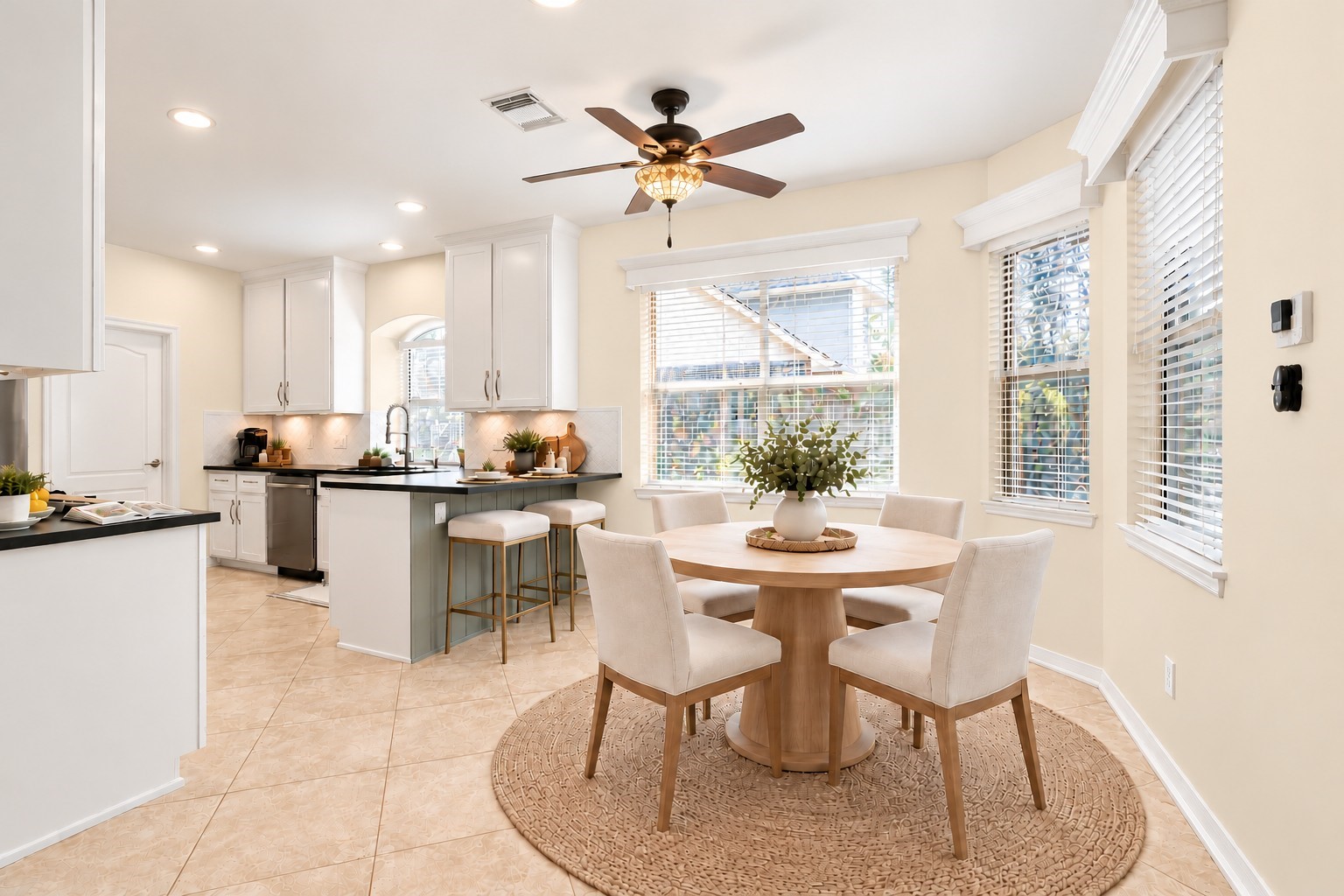 SUNSHINE & MORNING COFFEE, ANYONE? This cheerful 11 x 11 breakfast room is wrapped in windows, filling the space with natural light! Custom wood window valances, beautiful trim, an eye-catching Tiffany-style ceiling fan & easy-care 18x18 tile add charm and practicality. LOVE the contrasting accent color and shiplap detailing beneath the breakfast bar! Just steps from the kitchen and convenient access to your backyard oasis. WHAT A DELIGHTFUL PLACE TO START YOUR DAY!