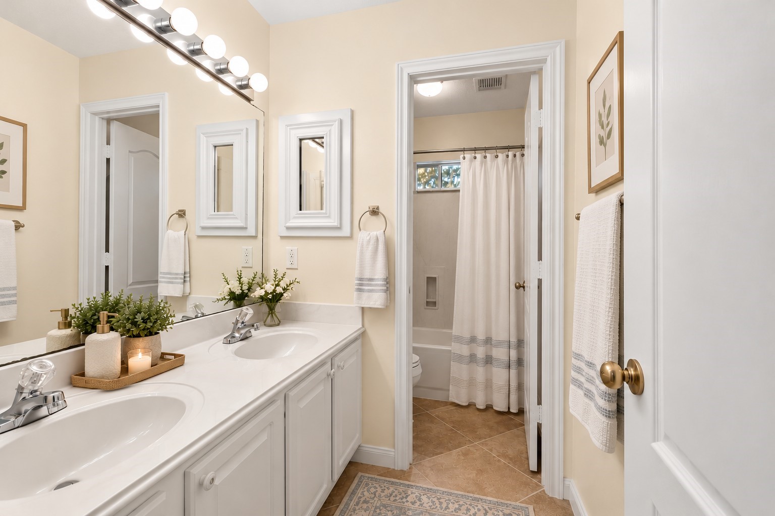 DOUBLE THE SINKS, DOUBLE THE CONVENIENCE! This thoughtfully designed upstairs Hollywood-style bath features a separate dual-sink vanity area, making busy mornings a breeze! An expansive cultured marble countertop provides plenty of elbow room, while generous cabinetry and a medicine cabinet offer practical storage for everyday essentials. Easy-care tile flooring, bright vanity lighting, and a separate tub/shower and toilet area allow multiple people to get ready with added privacy.