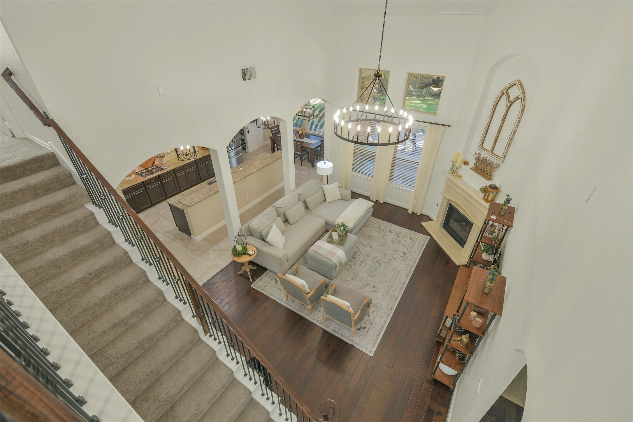 Elevated view highlighting the impressive two-story living area and open floor plan.