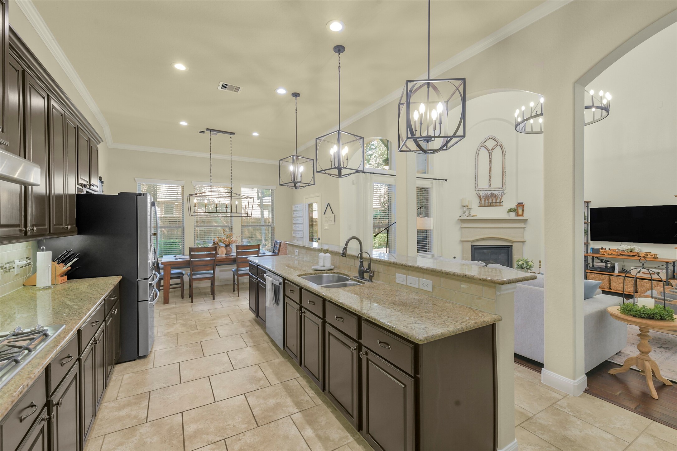 Expansive kitchen with abundant storage, extensive countertops, and an easy flow into the living areas.