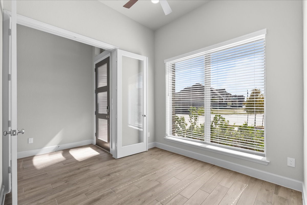 The office/study has French doors and is located at the front of the house.