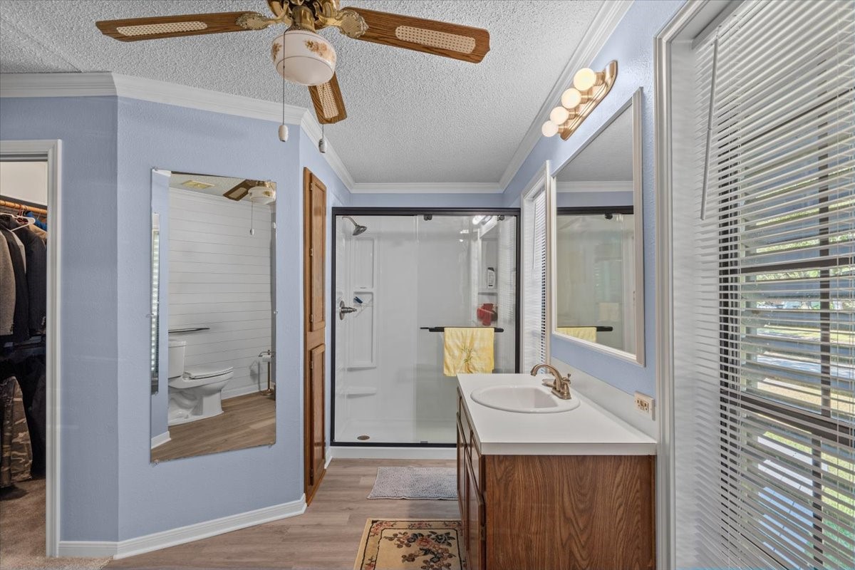 Primary bathroom shower area.