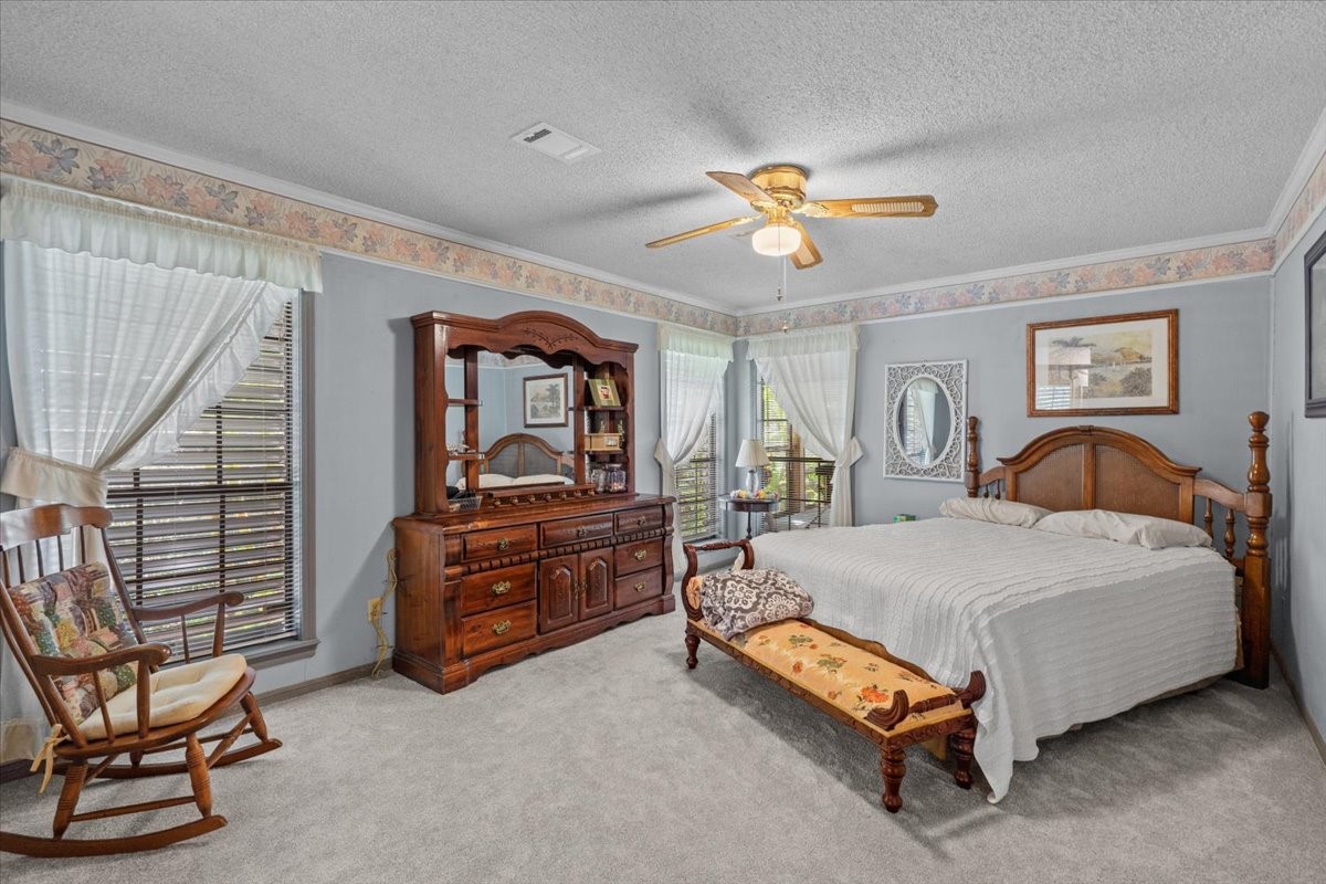 Primary bedroom with carpet floors and en suite bathroom.