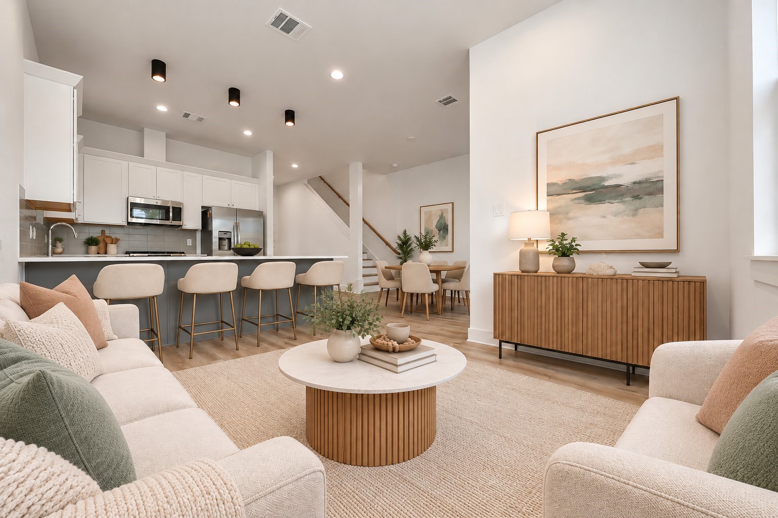 Unit B living area opens to the modern kitchen with a spacious island.**Virtually staged