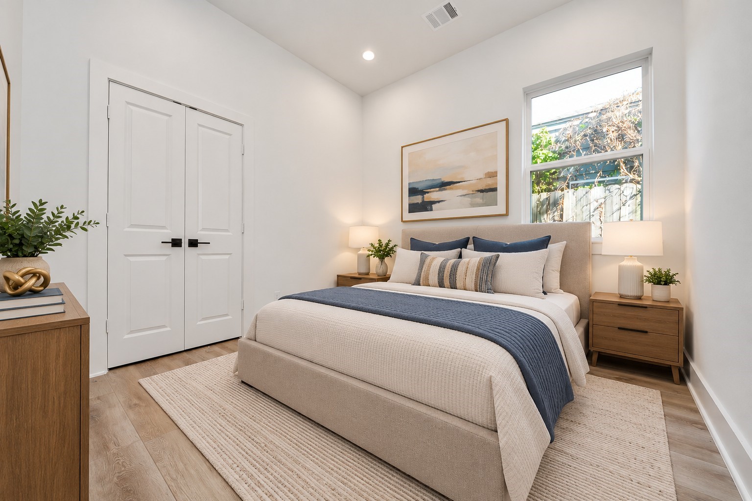 Virtually staged first bedroom on the first floor of Unit B.