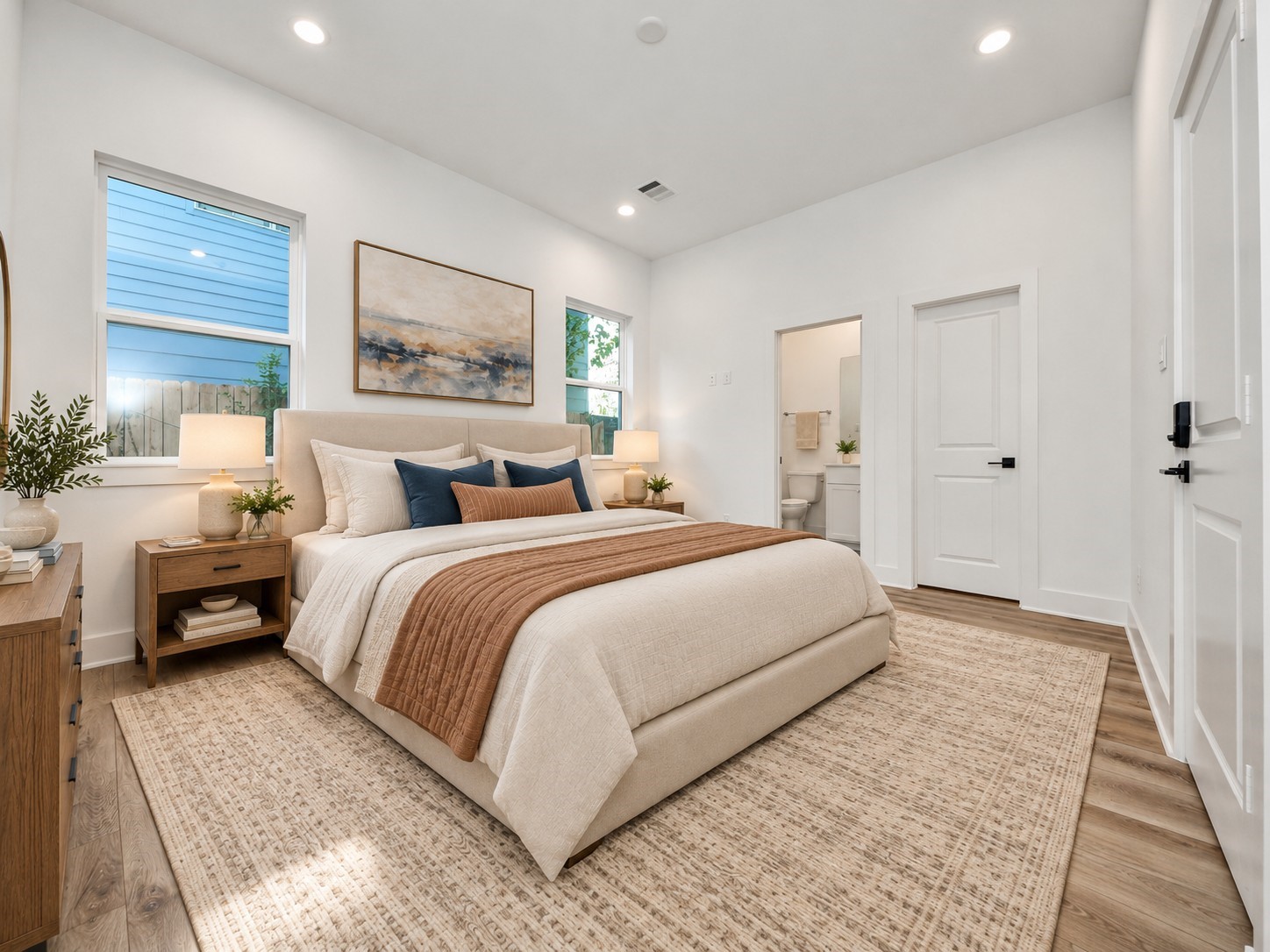 Virtually staged second-floor primary bedroom of Unit A.