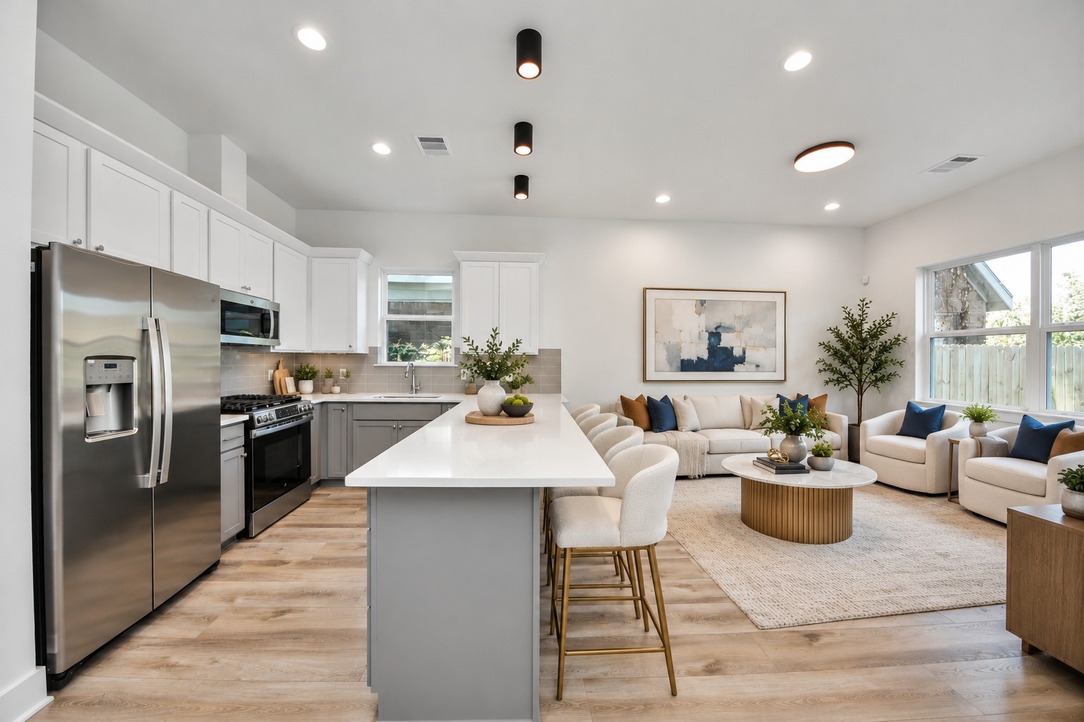 Unit A kitchen with a spacious island, open to the living area.**Virtually staged Unit A kitchen with a spacious island, open to the living area.**Virtually staged