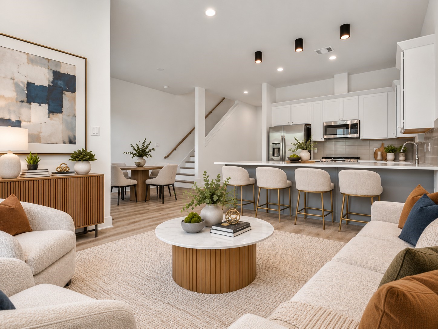 Unit A living area opens to the modern kitchen with a spacious island.**Virtually staged Unit A living area opens to the modern kitchen with a spacious island.**Virtually staged