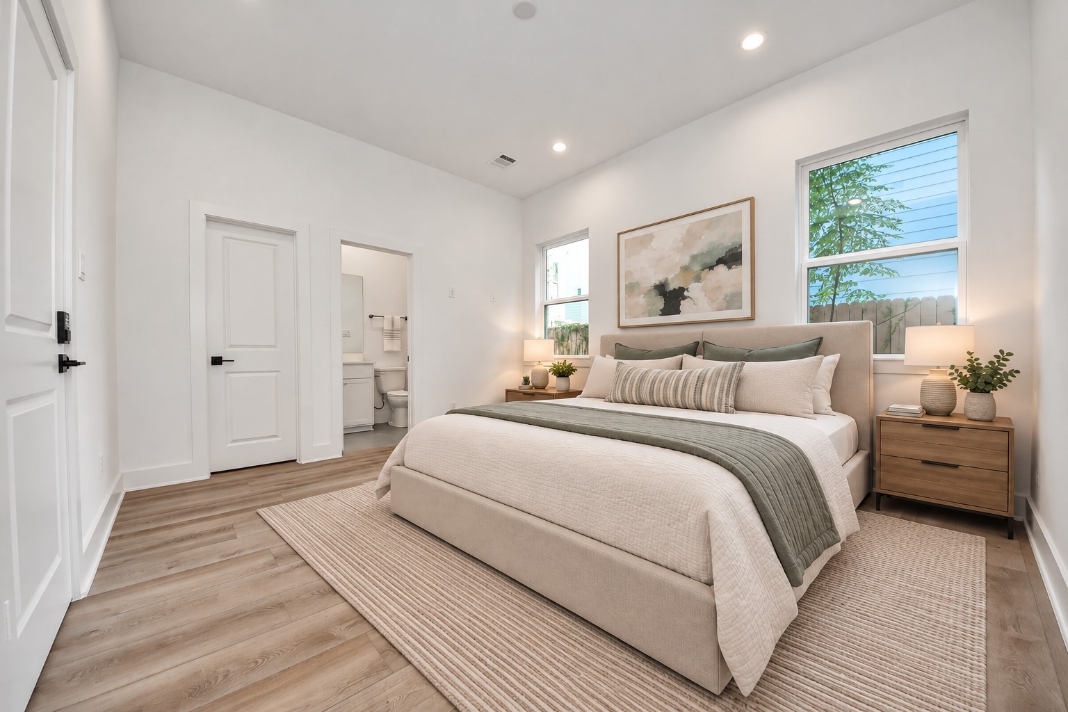 Virtually staged primary bedroom on the first floor of Unit B.
