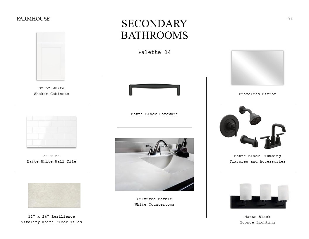 Farmhouse Look Palette 4: Secondary Bathrooms Selection Sheet (*Artist rendering used for illustration purposes only.)