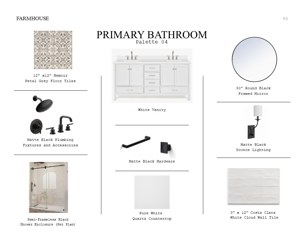 Farmhouse Look Palette 4: Primary Bathroom Selection Sheet (*Artist rendering used for illustration purposes only.)