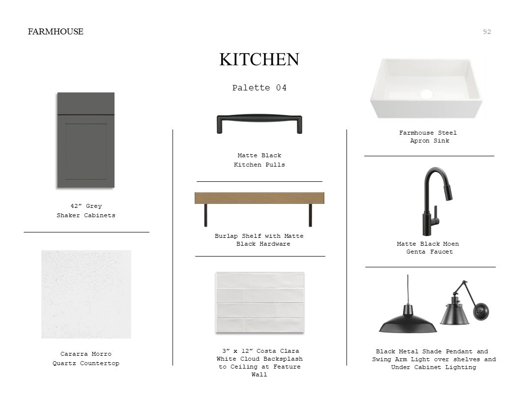 Farmhouse Look Palette 4: Kitchen Selection Sheet (*Artist rendering used for illustration purposes only.)