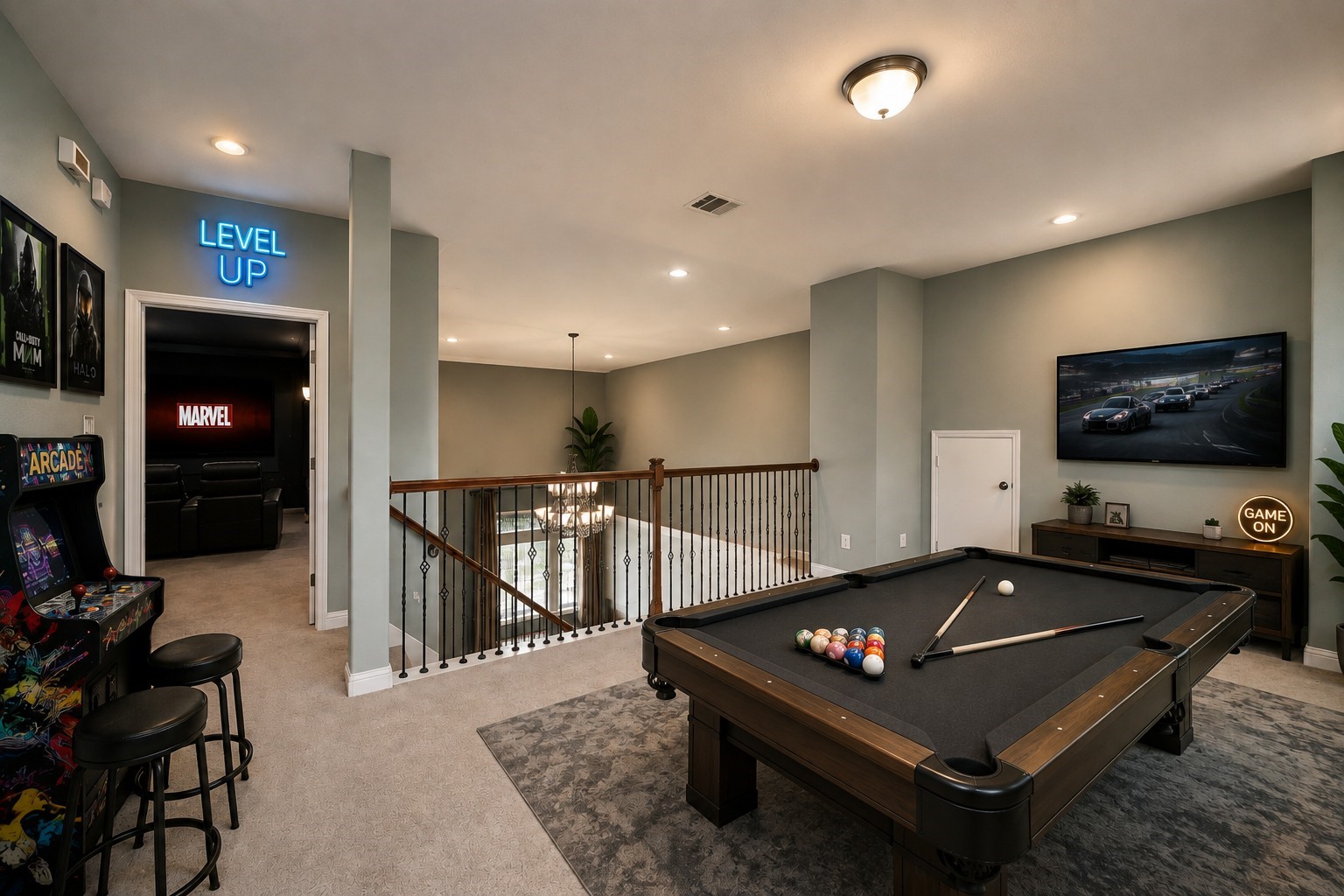 Virtually Staged  Spacious upstairs game room showcasing the possibilities for billiards, arcade games, TV entertainment, and gathering space.