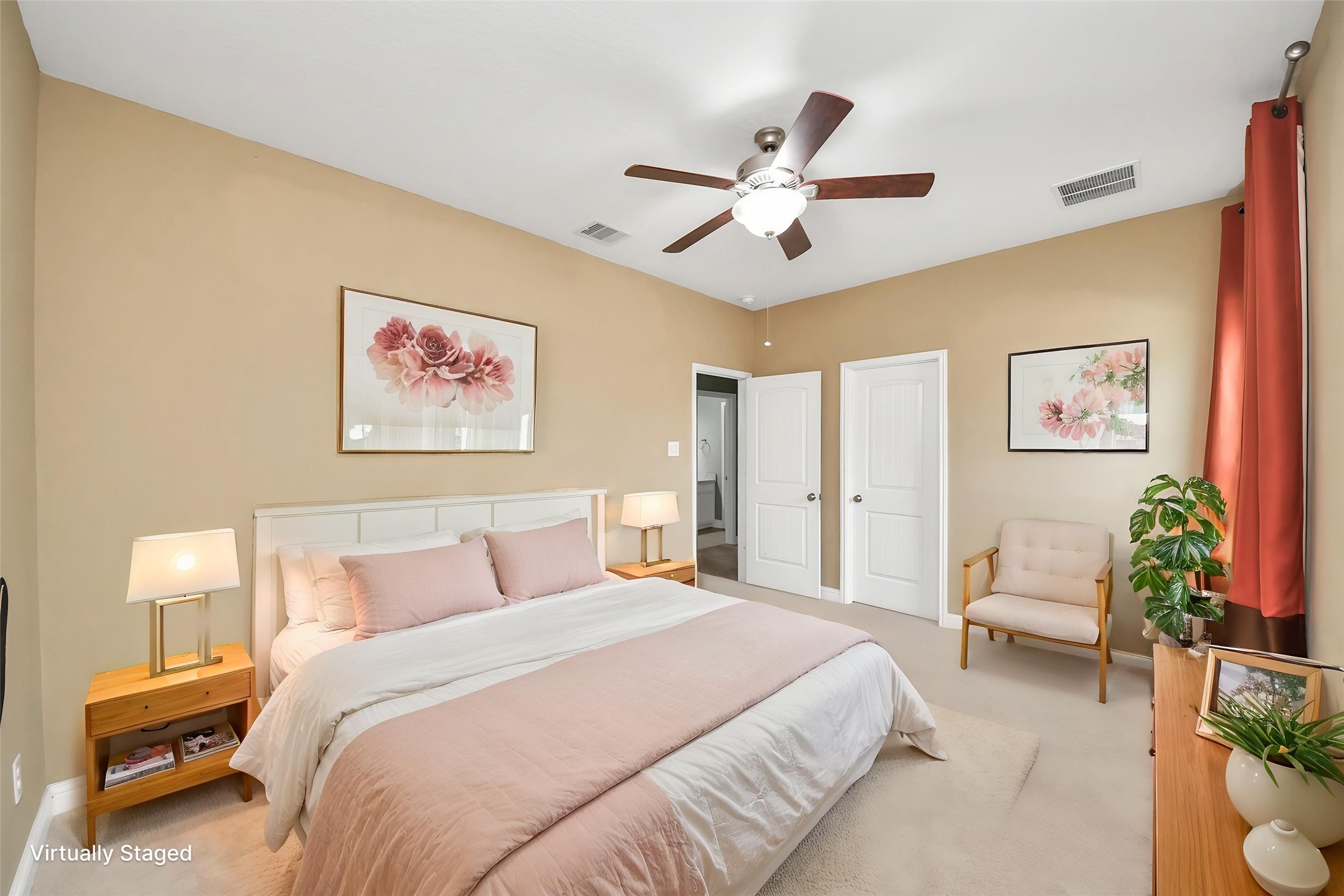 Virtually Staged  Another view highlighting the bedrooms comfortable dimensions, natural light, and versatile layout.