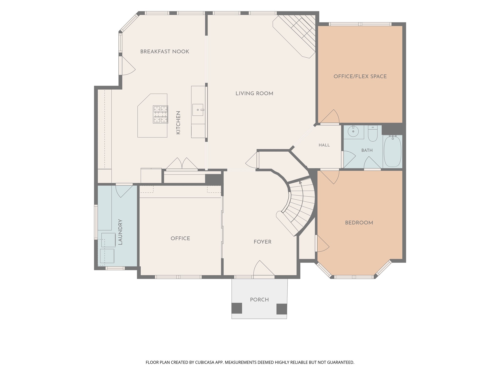 Spacious floor plan features a welcoming foyer, expansive living room, and modern kitchen with a cozy breakfast nook. Includes a versatile office, additional flex space, and a comfortable bedroom with adjacent bath. Convenient laundry room and charming porch complete the layout.