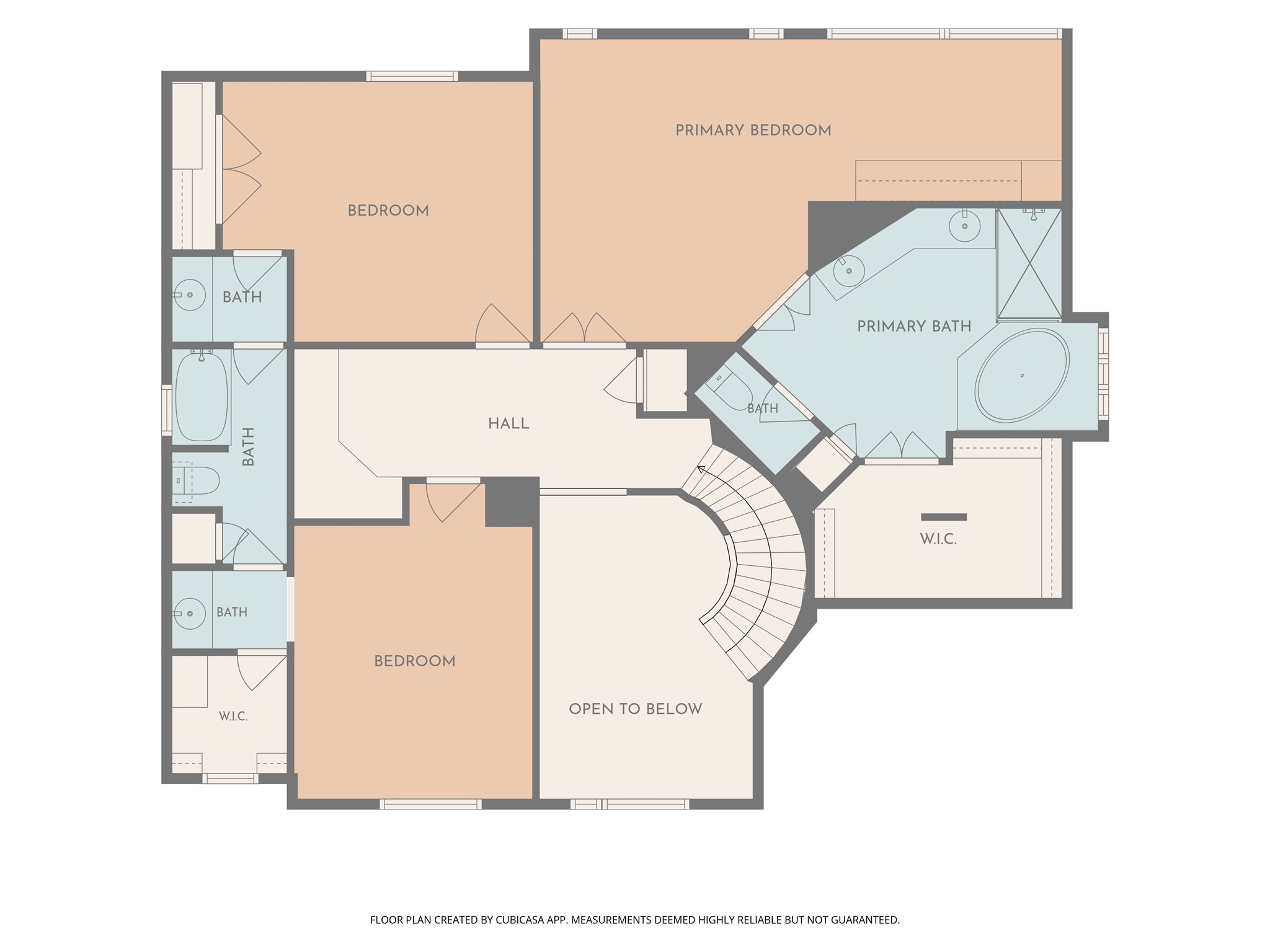 Spacious upper floor with a primary bedroom featuring an en-suite bath, two additional bedrooms, each with its own bath, a generous walk-in closet, and an open hall overlooking the level below.