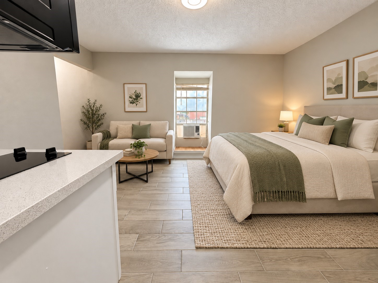 Virtually staged studio highlighting the spacious interior and natural light from the window.