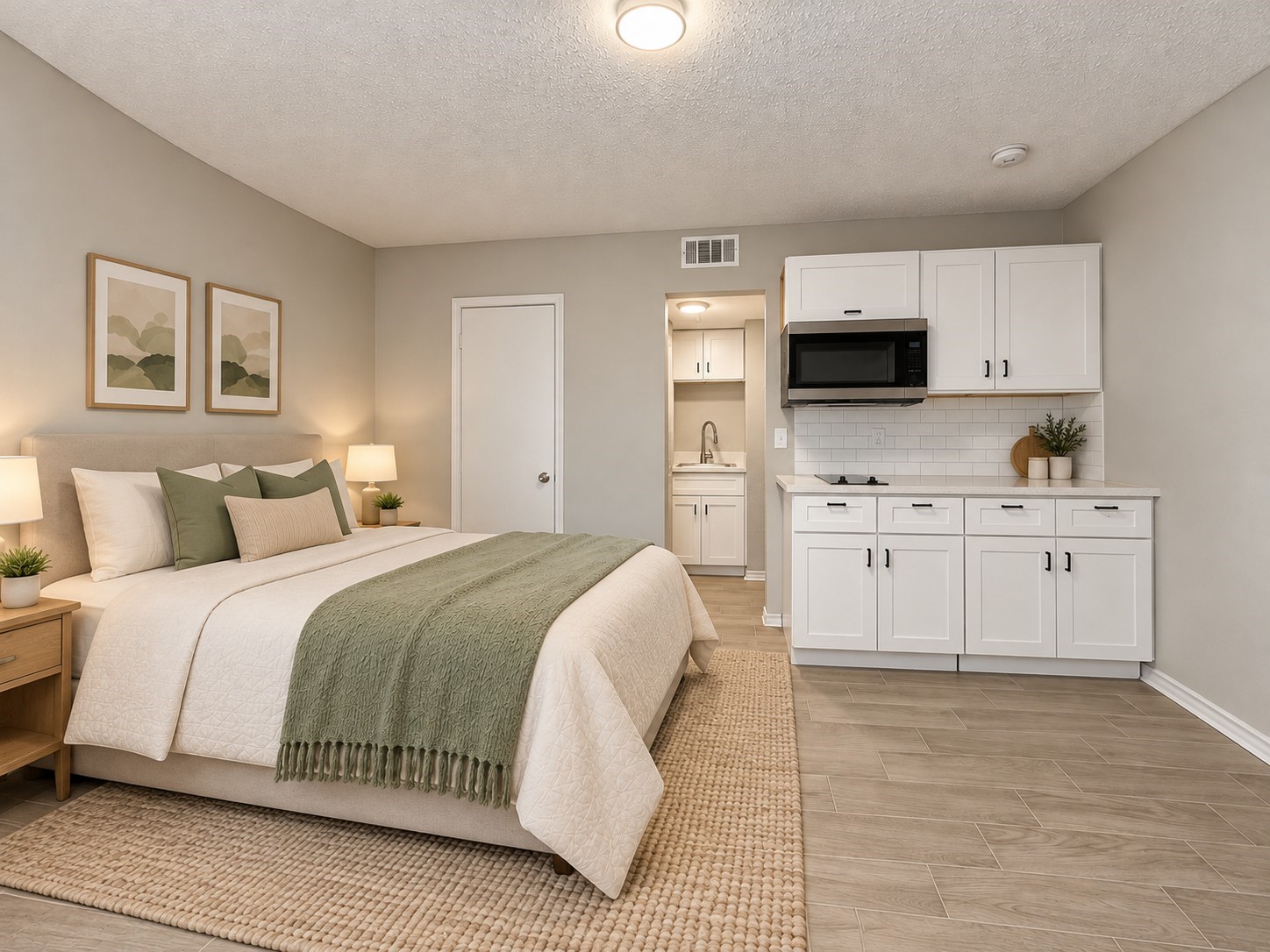 Virtually staged studio showcasing the modern kitchenette with white cabinetry, sleek countertops, and tile backsplash.