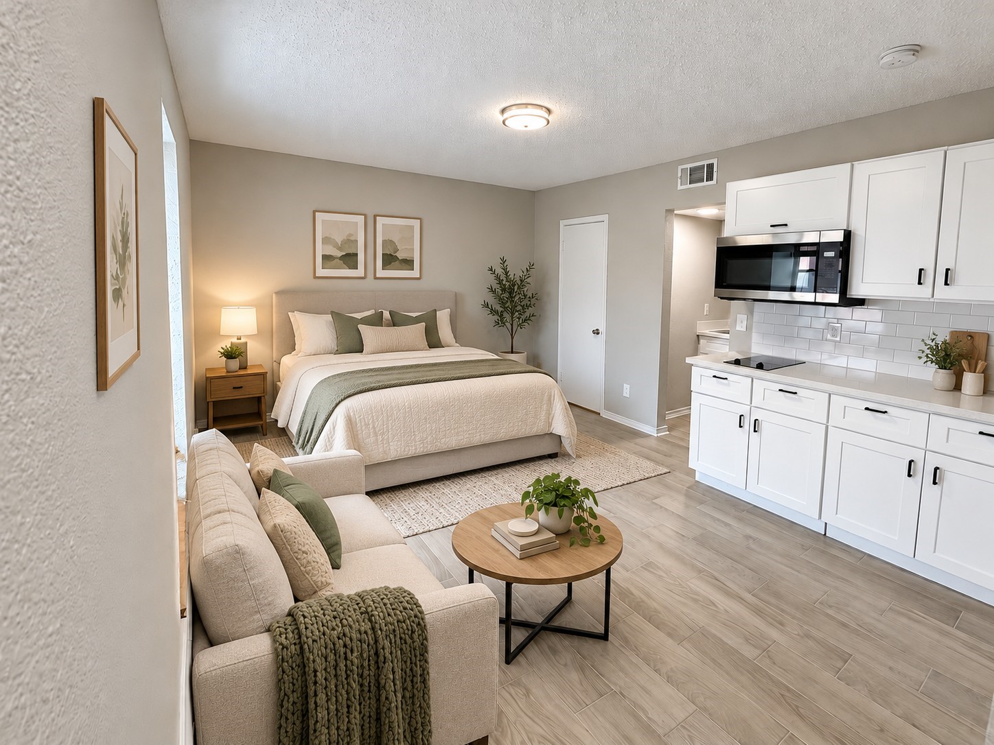 Virtually staged Unit12B studio featuring an open-concept layout and wood-look tile flooring.