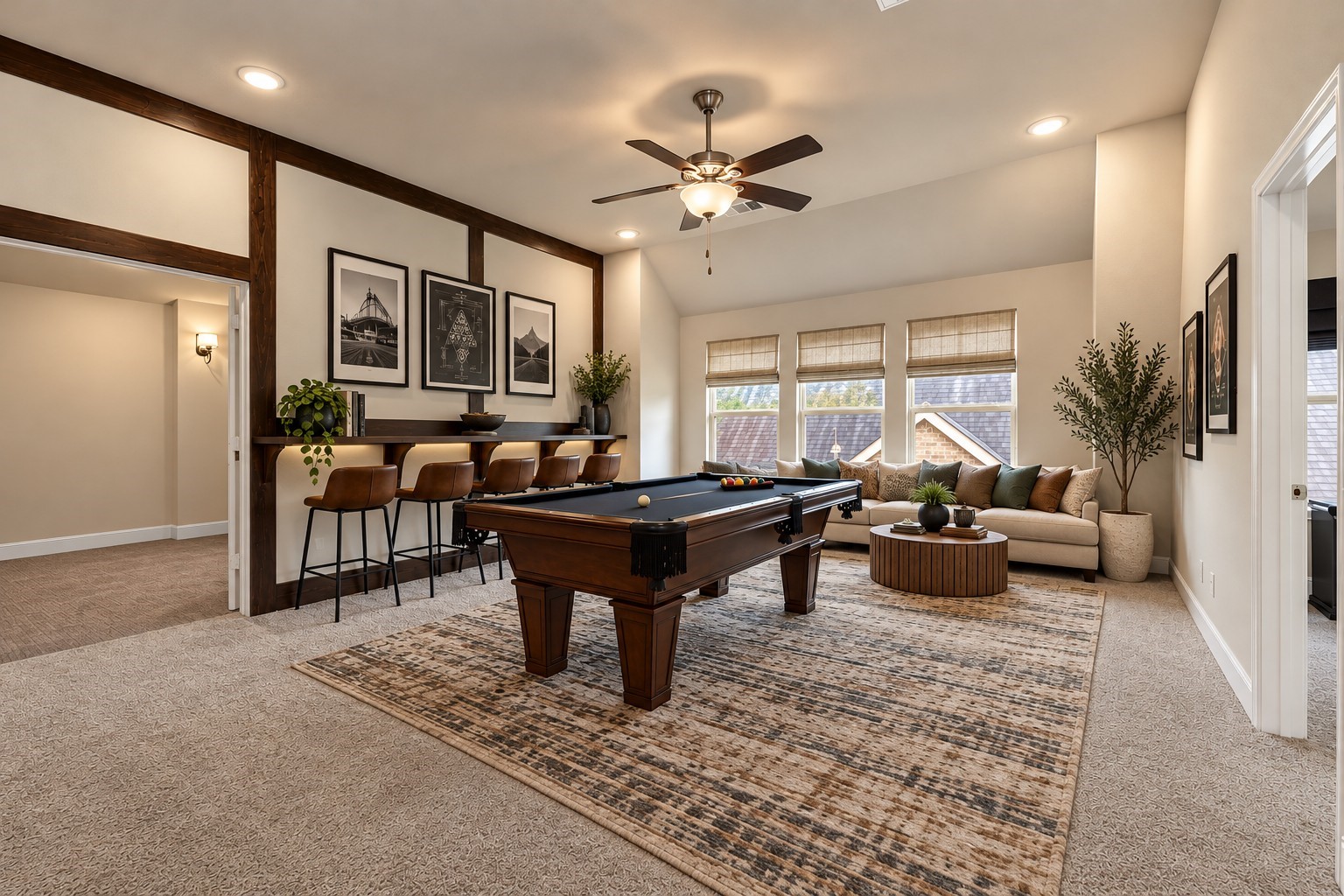 The game room boasts custom woodwork and the pool table will stay. (virtually staged) The game room boasts custom woodwork and the pool table will stay. (virtually staged)