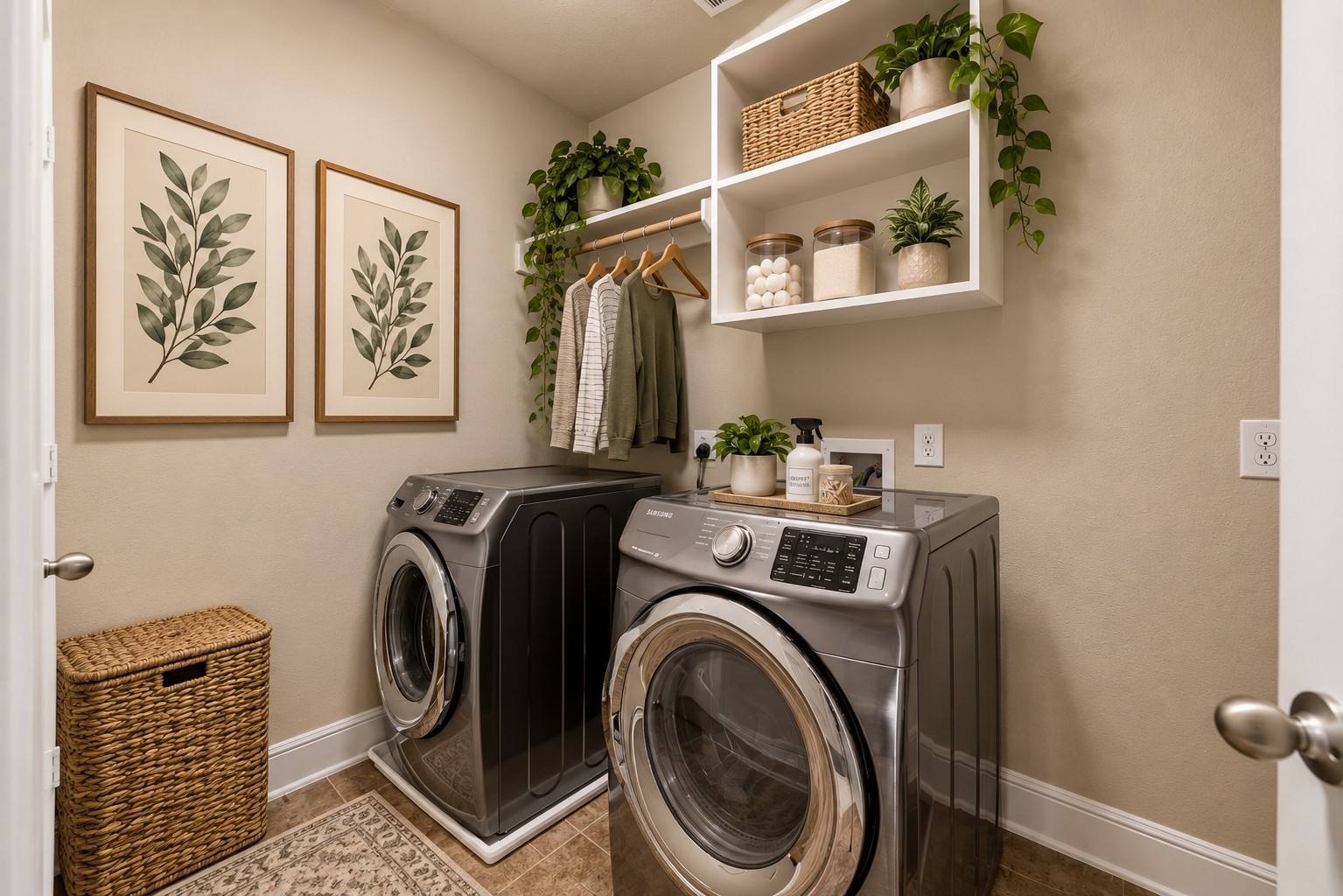 The large utility room has both electric and gas dryer hook-ups, room for a fridge/freezer, and a handy linen closet. The washer and dryer will stay. (virtually staged)