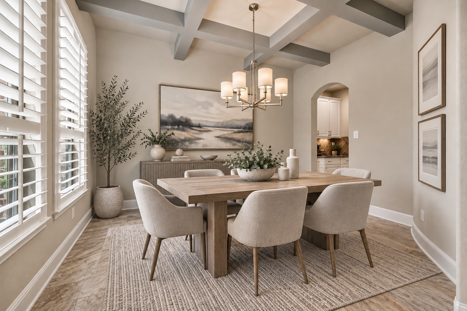 The formal dining room features exposed beams on the ceiling and plantation shutters on the windows. (virtually staged)