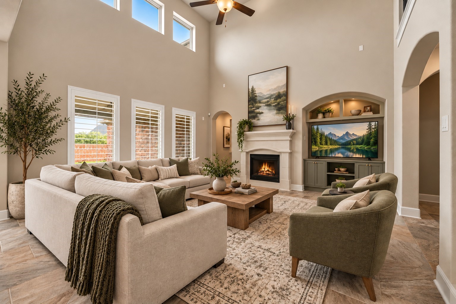 Here is a view of the family room virtually staged. The family room provides a gas log fireplace and custom built-ins. Here is a view of the family room virtually staged. The family room provides a gas log fireplace and custom built-ins.